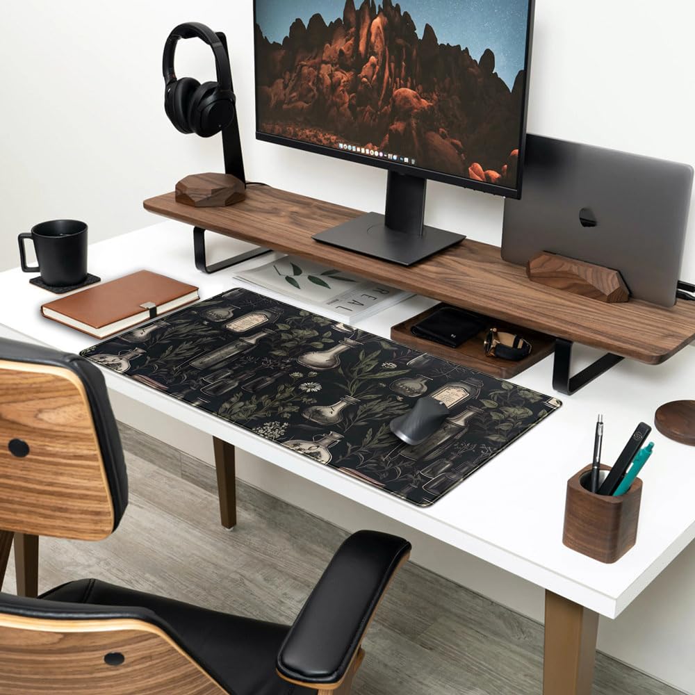 Black Aesthetic Desk Mat - Vintage Large Gaming Flower Mouse Pad XXL Plant Wildflower Mousepad
