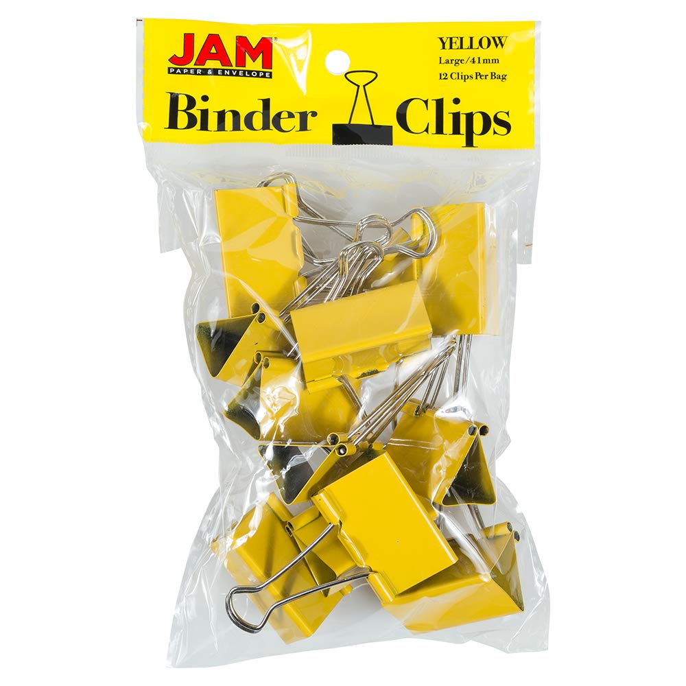 JAM PAPER Colorful Binder Clips - Large - 1 1/2 Inch (41 mm) - Yellow Binderclips - 12/Pack