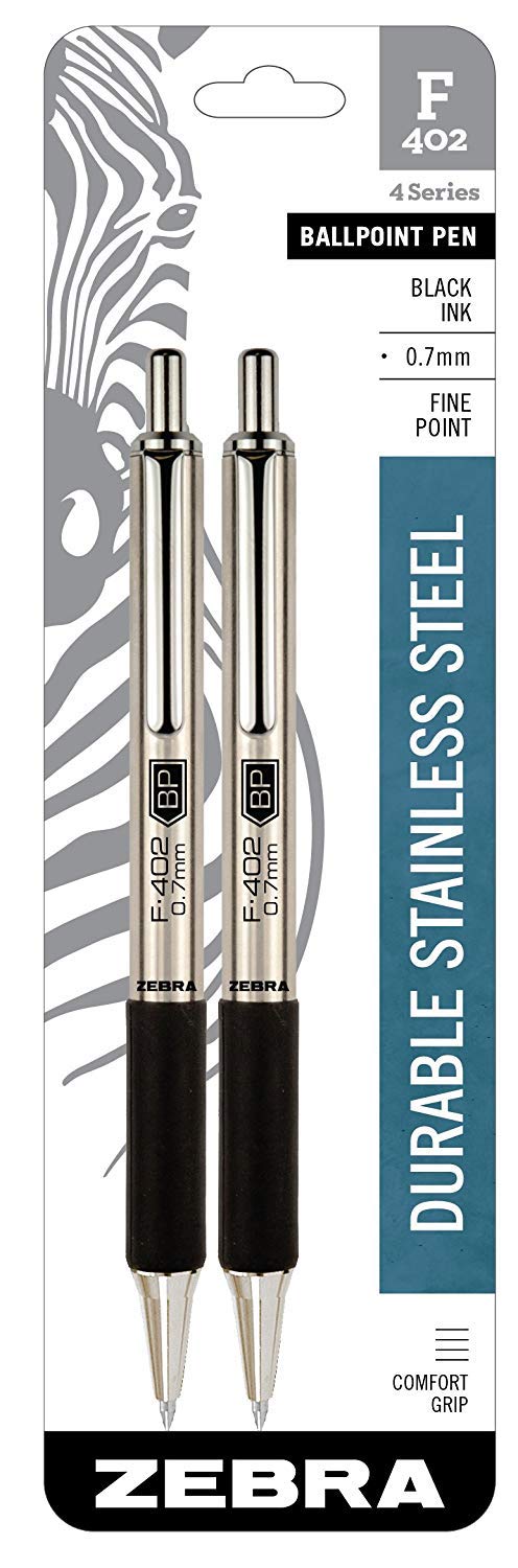 Zebra Pen G-402 Stainless Steel Retractable Gel Pen & Refills, Fine Point, 0.5mm, Black Ink, 2 Pens
