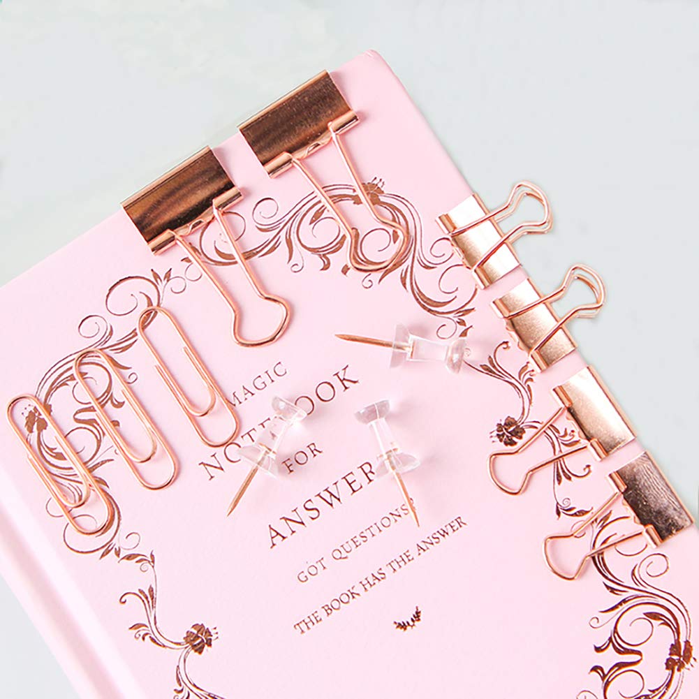 SF ITEM Binder Clips Paper Clips Push Pins Sets with Box for Office,School and Home Supplies (Rose