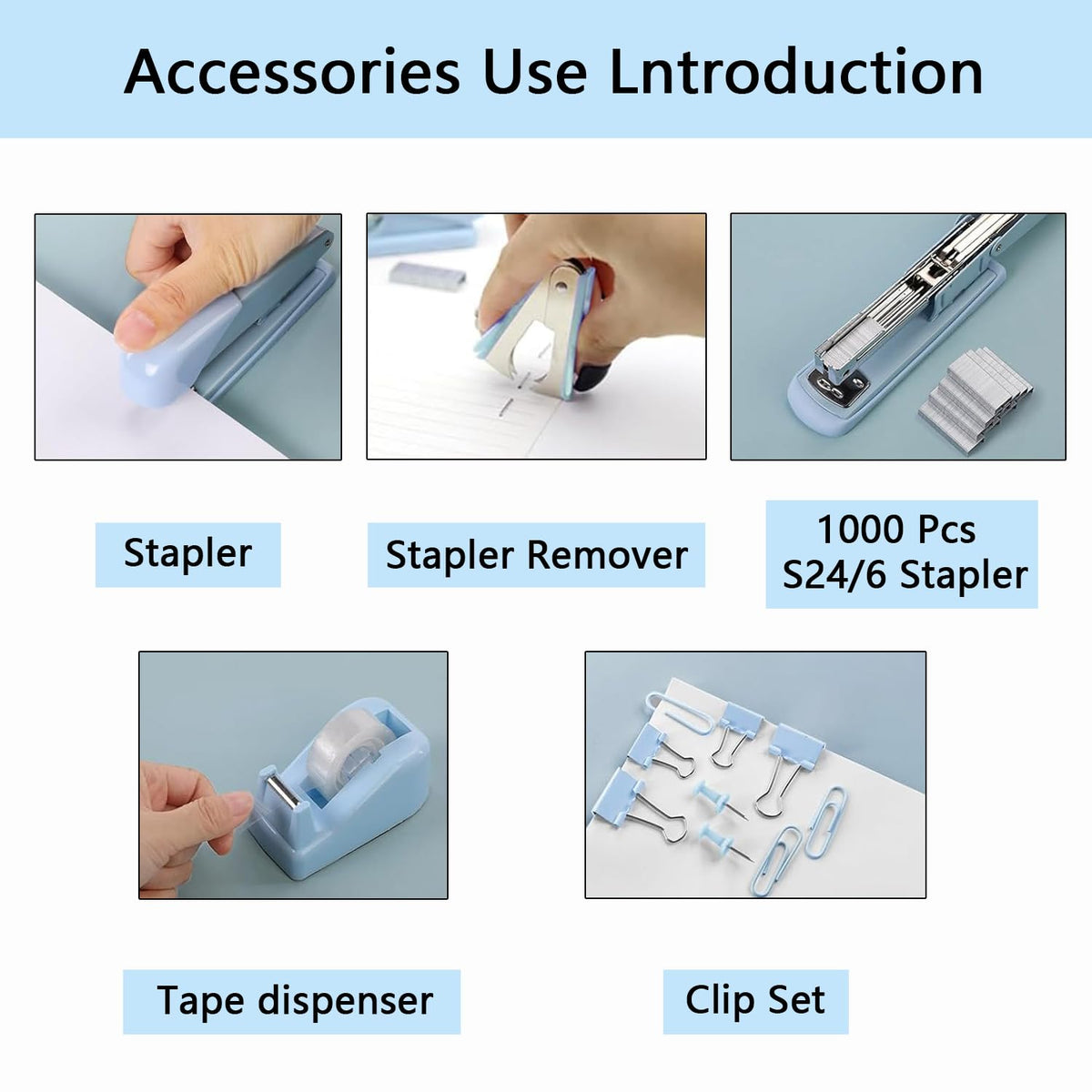 Office Supplies,Blue Desk Accessories,Office Supplies Set,Stapler and Tape Dispenser
