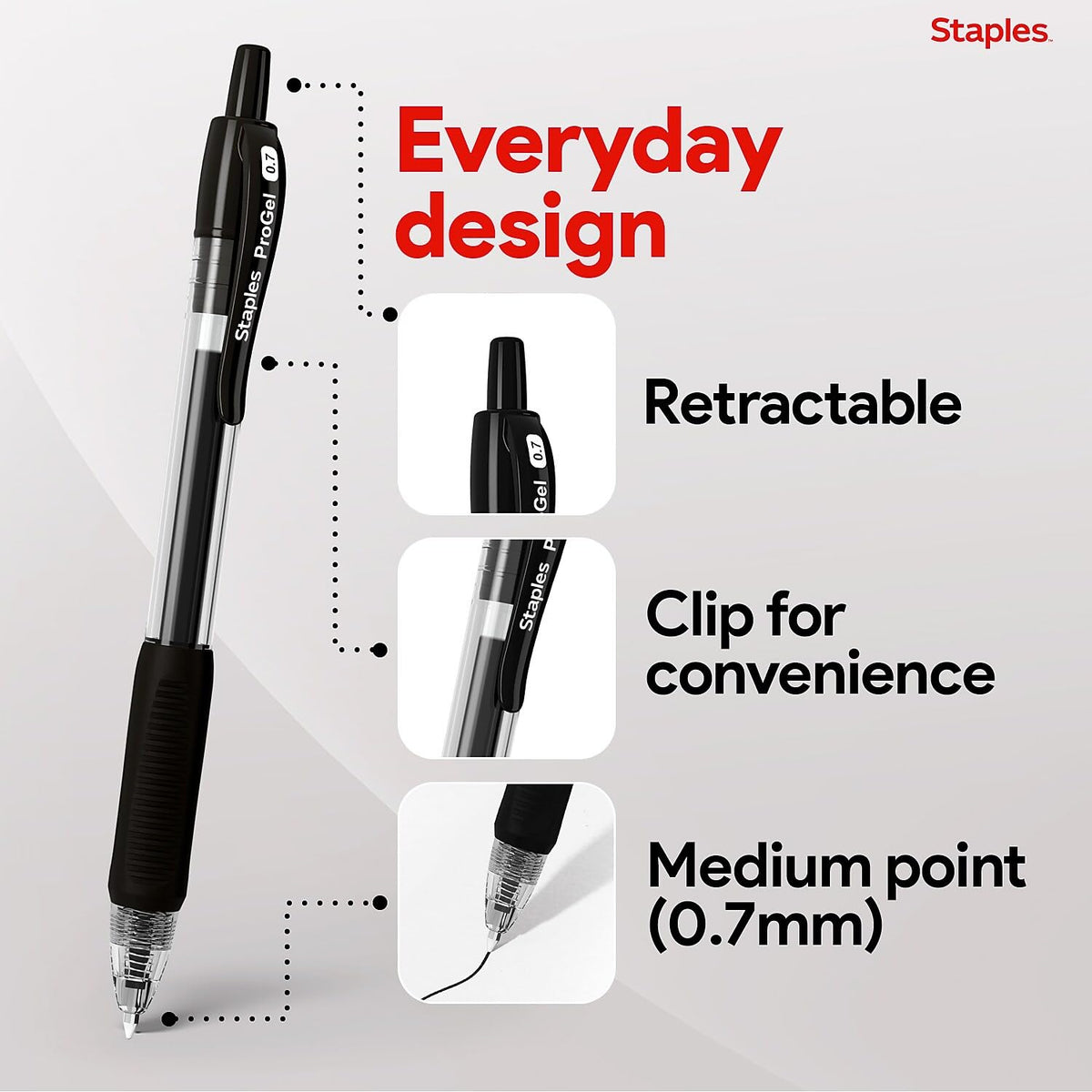 Staples ProGel Retractable Gel Pens, Fine 0.7mm, Black Ink, 36-Pk