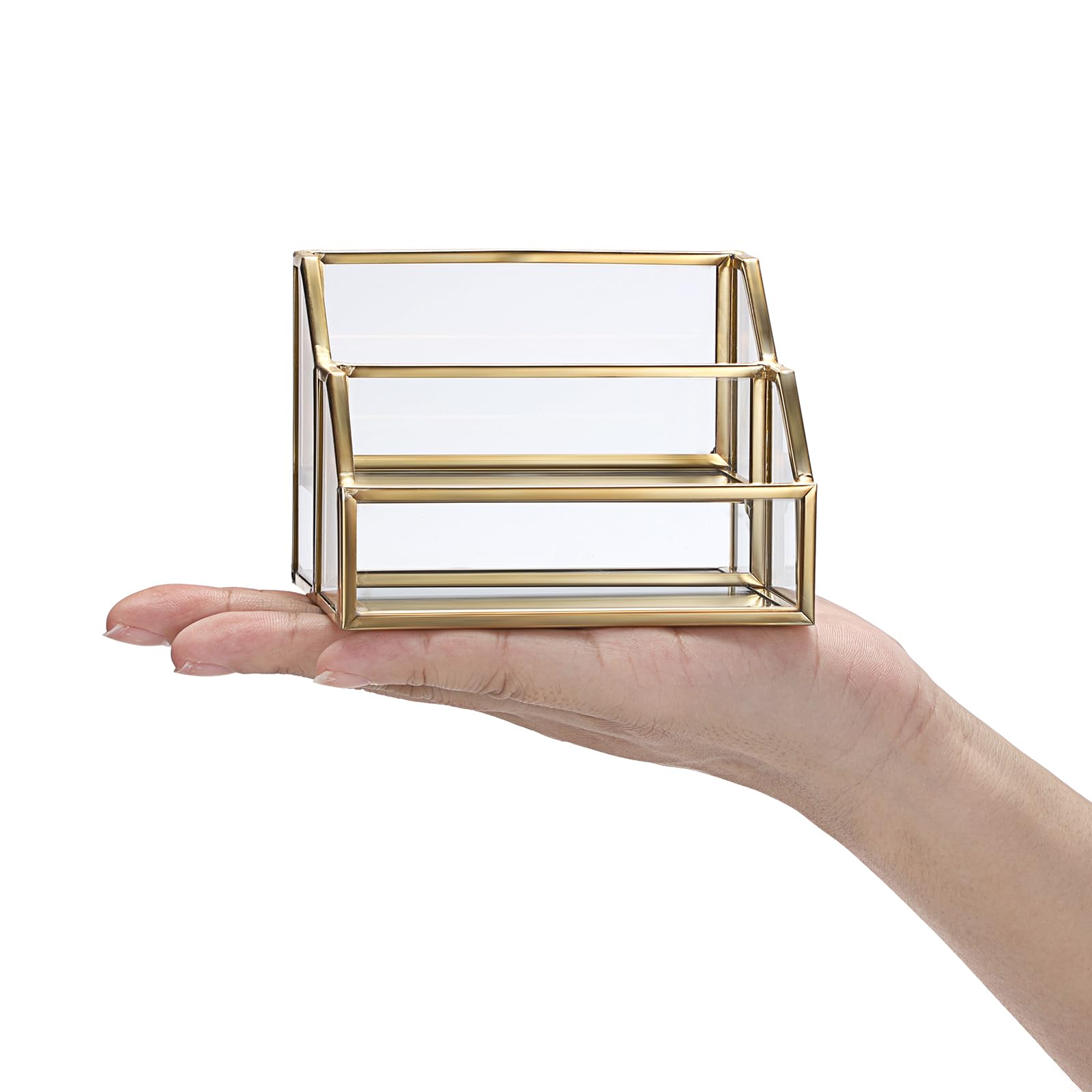 Hipiwe Glass Business Card Holder for Desk 2 Slots Gold Name Card Stand