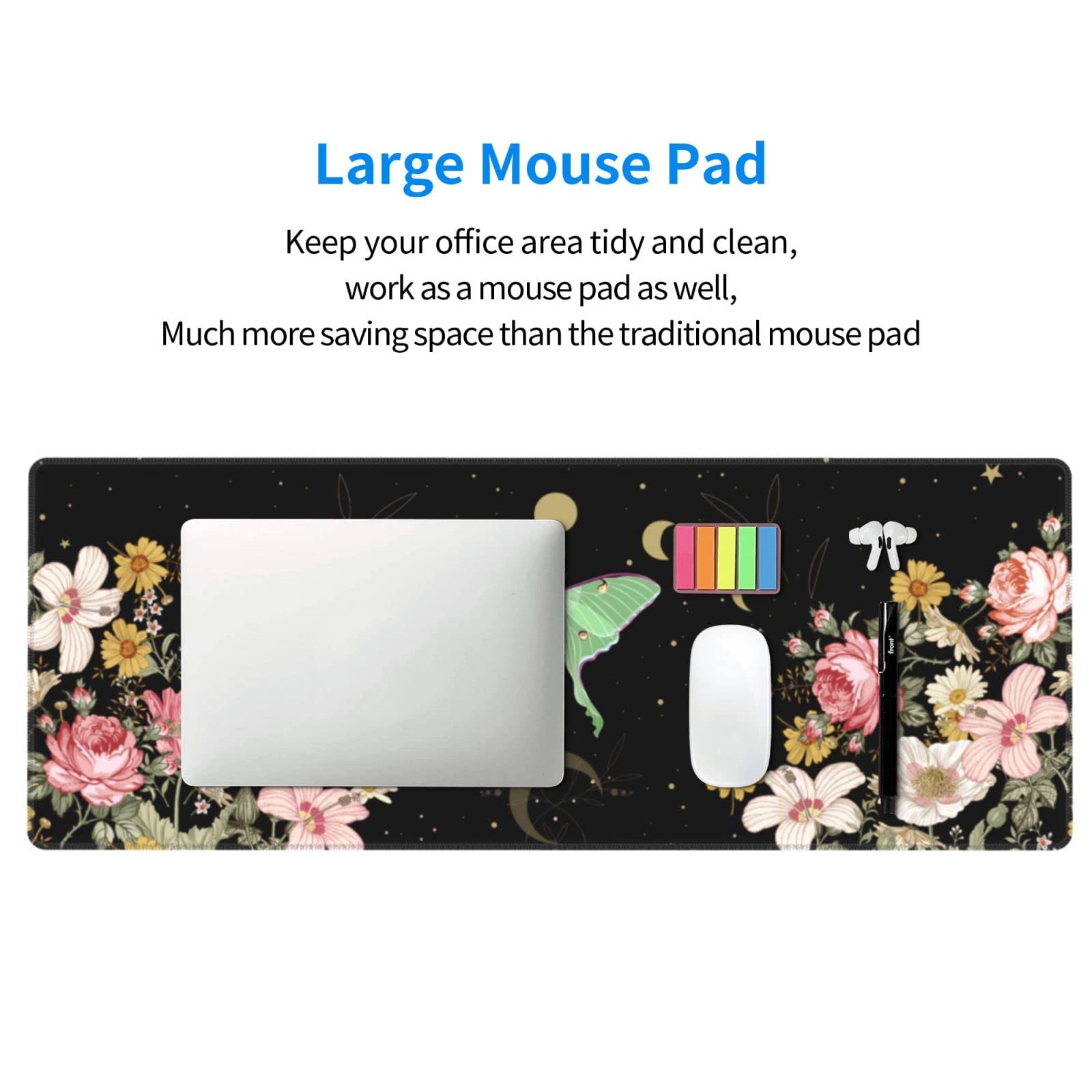 Moon Phase Moth Garden Black XXL XL Large Gaming Mouse Pad for Desk, Non-Slip Long Extended