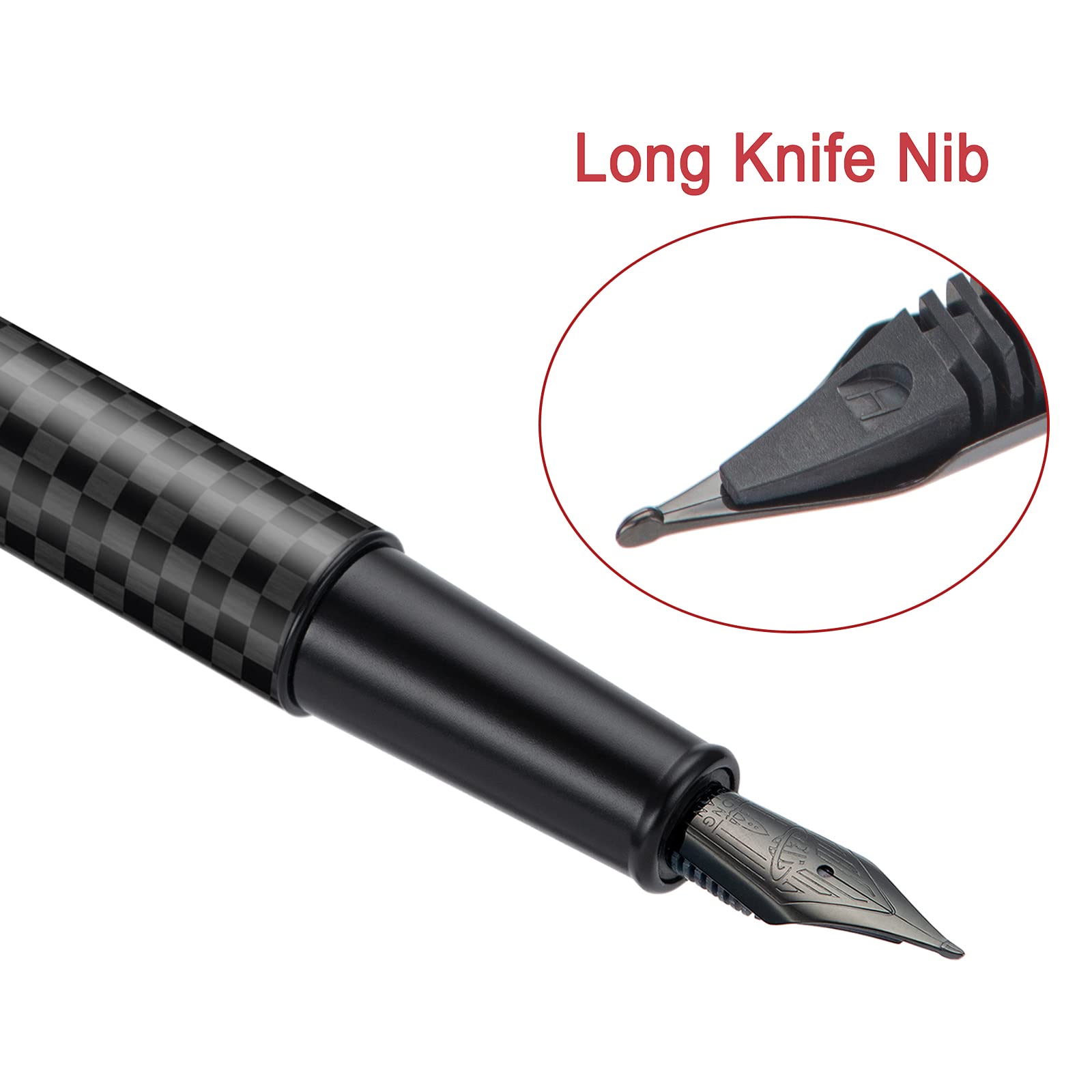 HONG DIAN 1861 Fountain Pen, Long Blade Nib, Black Carbon Fiber Design with Converter and Metal Pen