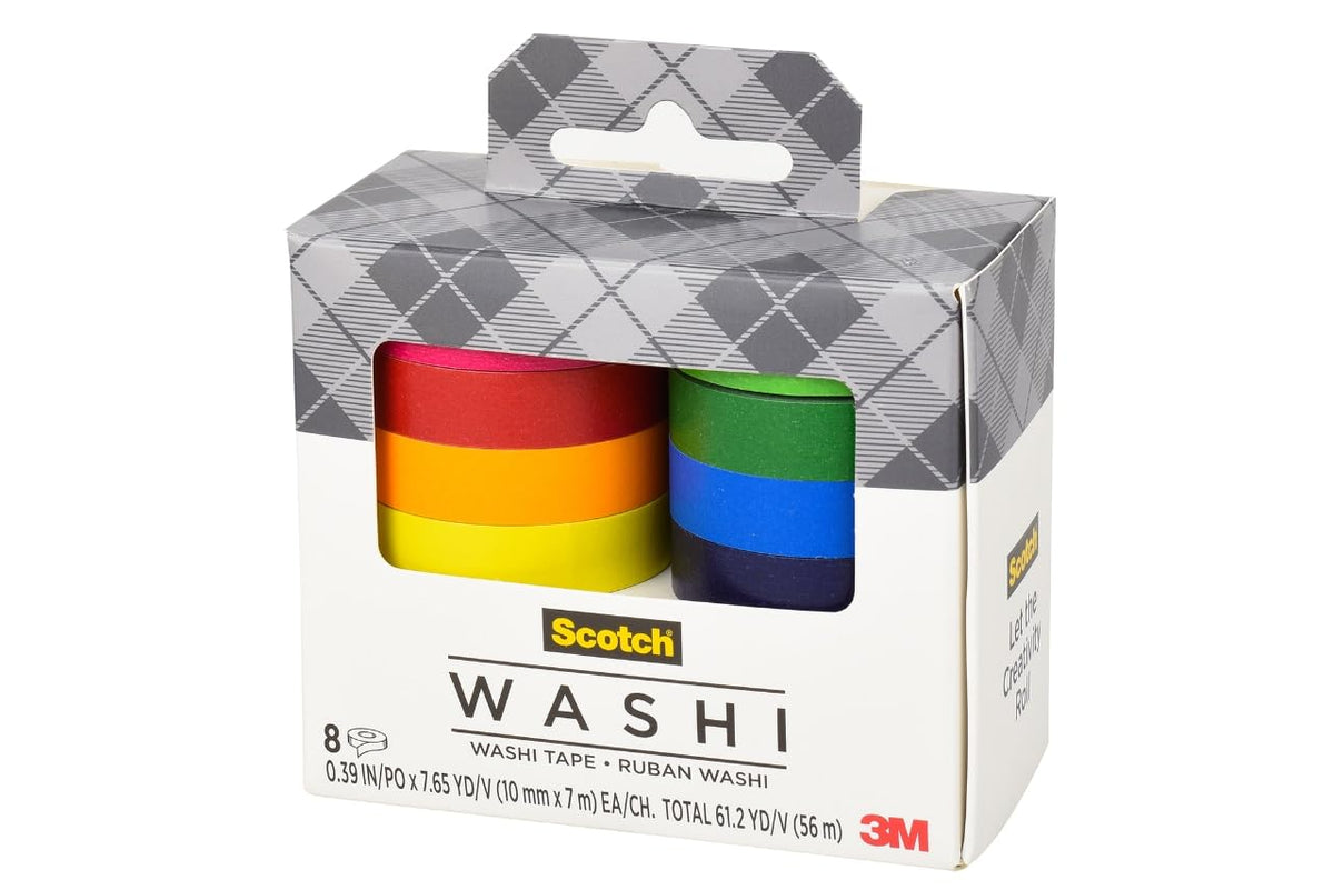 Scotch Washi Tape, Solid Color Rainbow Design, 8 Rolls