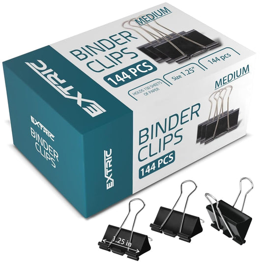 Binder Clips - 144 Medium Binder Clips, 1.25 Inch Black Paper Clamps, File Clip for Home, Office