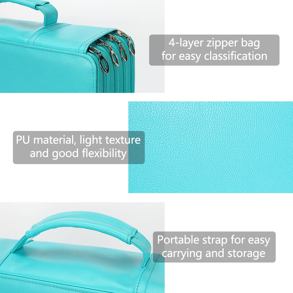 Vomgomfom 300 Slots Marker Case 4-Layer PU Leather, Handle, Solid Green