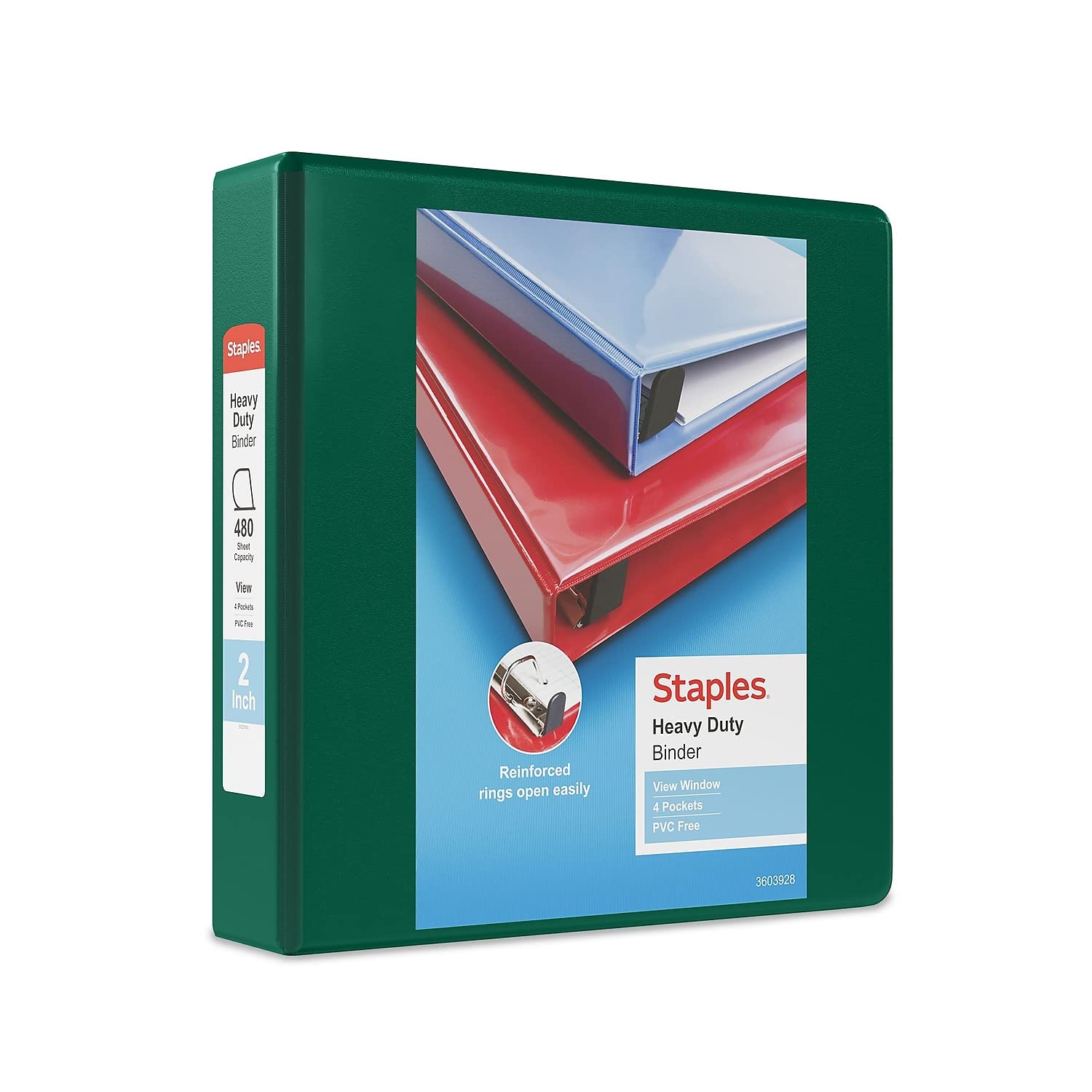 Staples Heavy-Duty 2-Inch D-Ring View Binder, Green, 450 Sheets