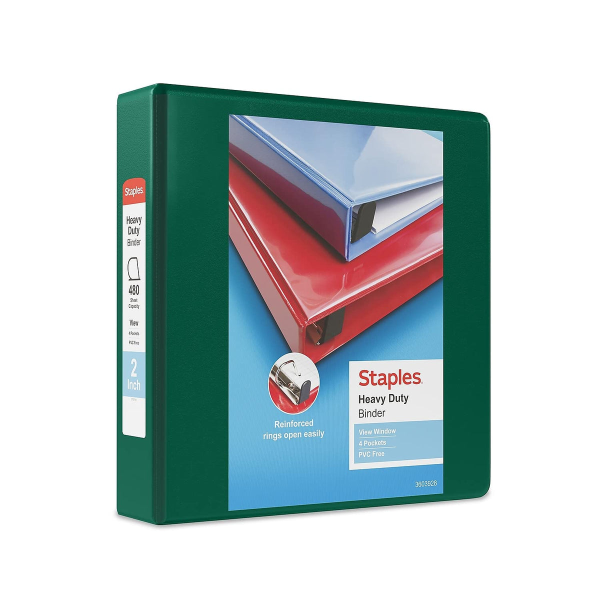 Staples Heavy-Duty 2-Inch 3-Ring View Binder, Dark Green, D-Rings