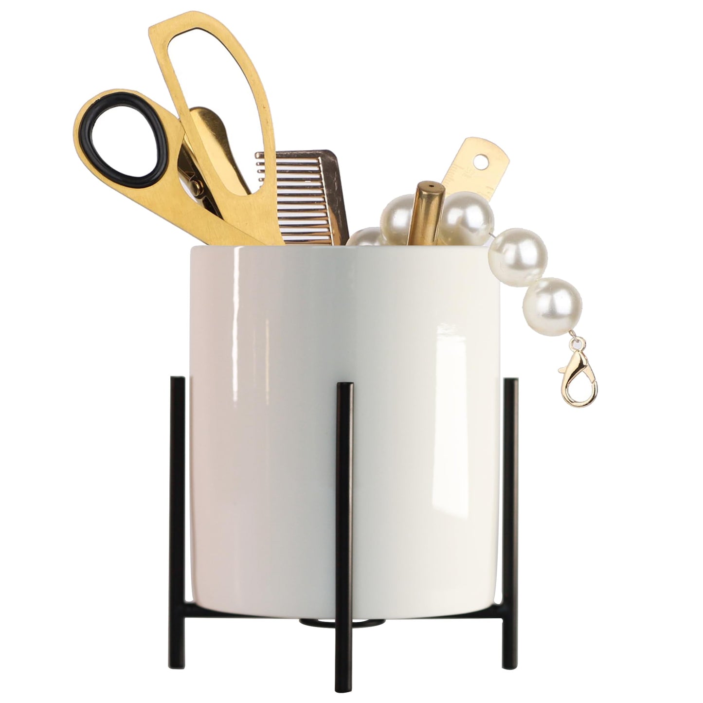 SIEBOLD Black Pencil Cup Sturdy Metal Frame with White Ceramic Pen Holder For Desks and Kitchen