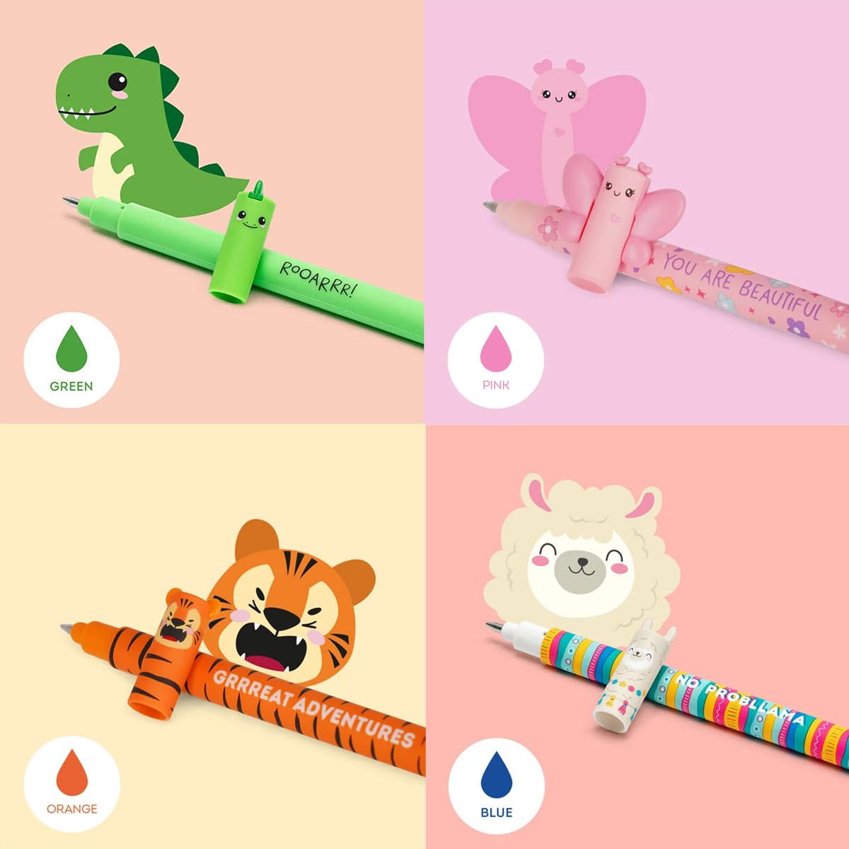 LEGAMI Set of 10 Erasable Gel Pens Farm Set + Hippo, Tiger, Butterfly, Dino, Llama and Penguin