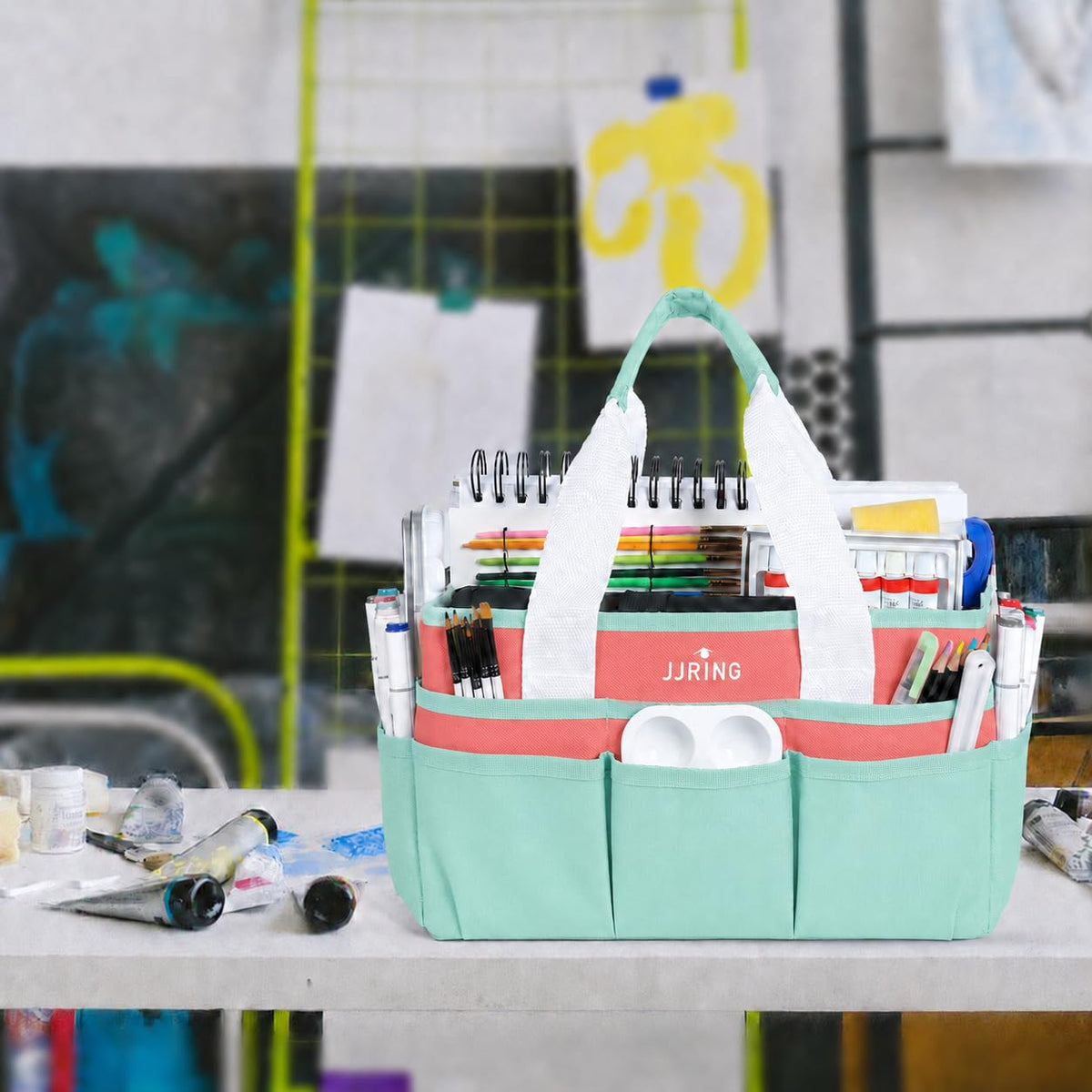 JJRING Craft Organizer Tote Bag Art Storage Caddy Green and Orange