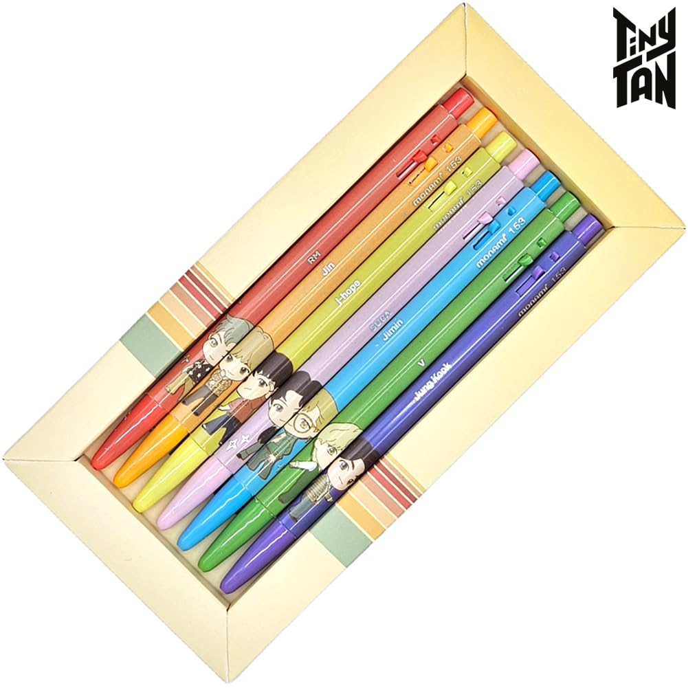 TinyTAN BTS Merchandise Official Licensed Kpop Merch Character Ballpoint Pen, 0.5mm, (1 Pack of 7