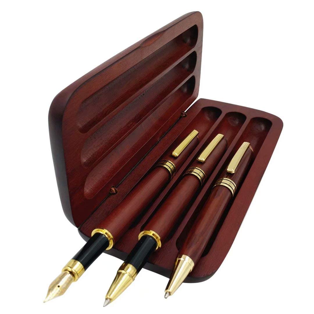 3 Pcs Wooden Pens Set with Gift Case/Best Writing Fountain Fancy Ballpoint Pen and Luxury Gel Pen