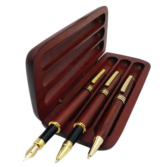 3 Pcs Wooden Pens Set with Gift Case/Best Writing Fountain Fancy Ballpoint Pen and Luxury Gel Pen