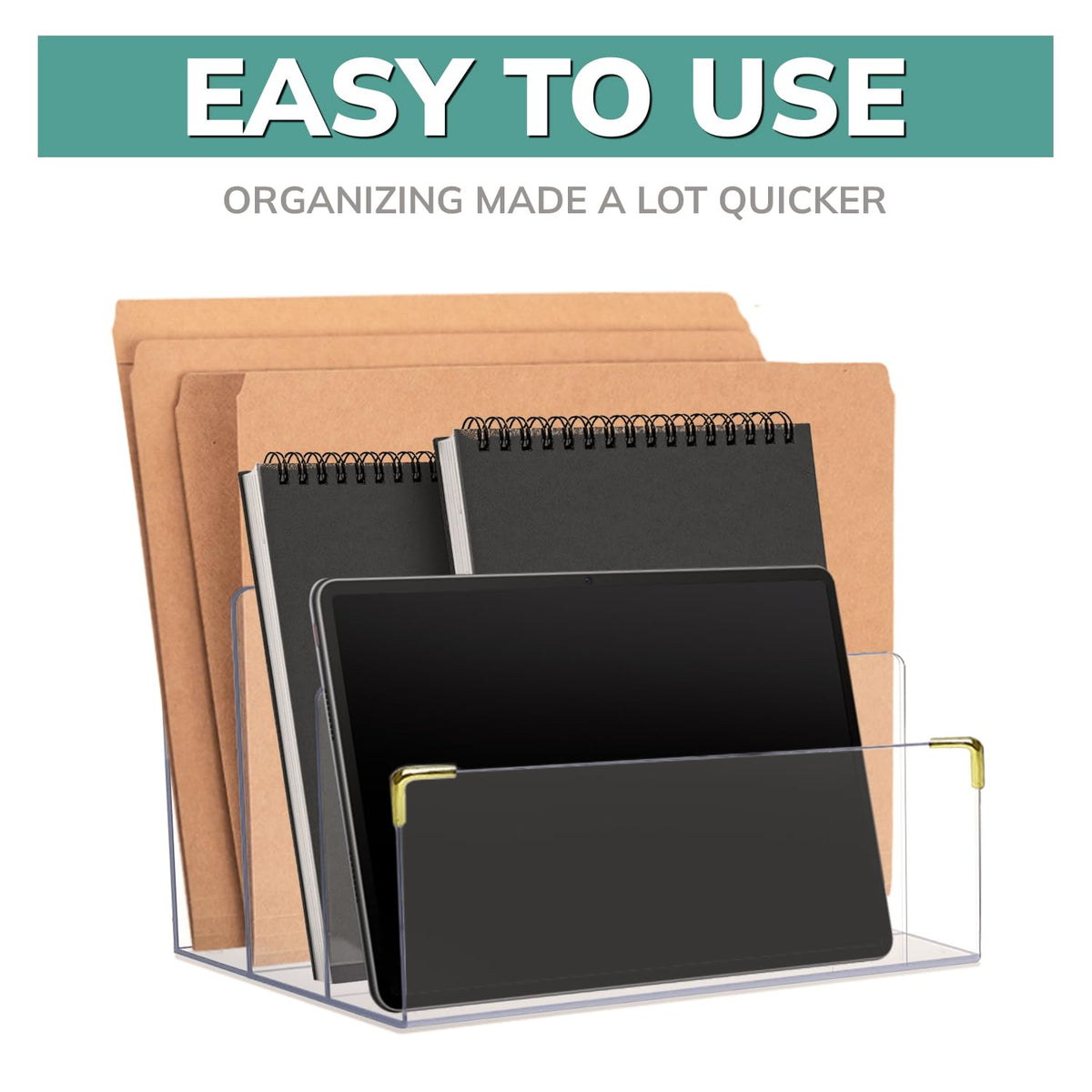 pbf Acrylic File Holder | Clear File Organizer for Desk w/ Gold Accents | Acrylic Desk Organizer