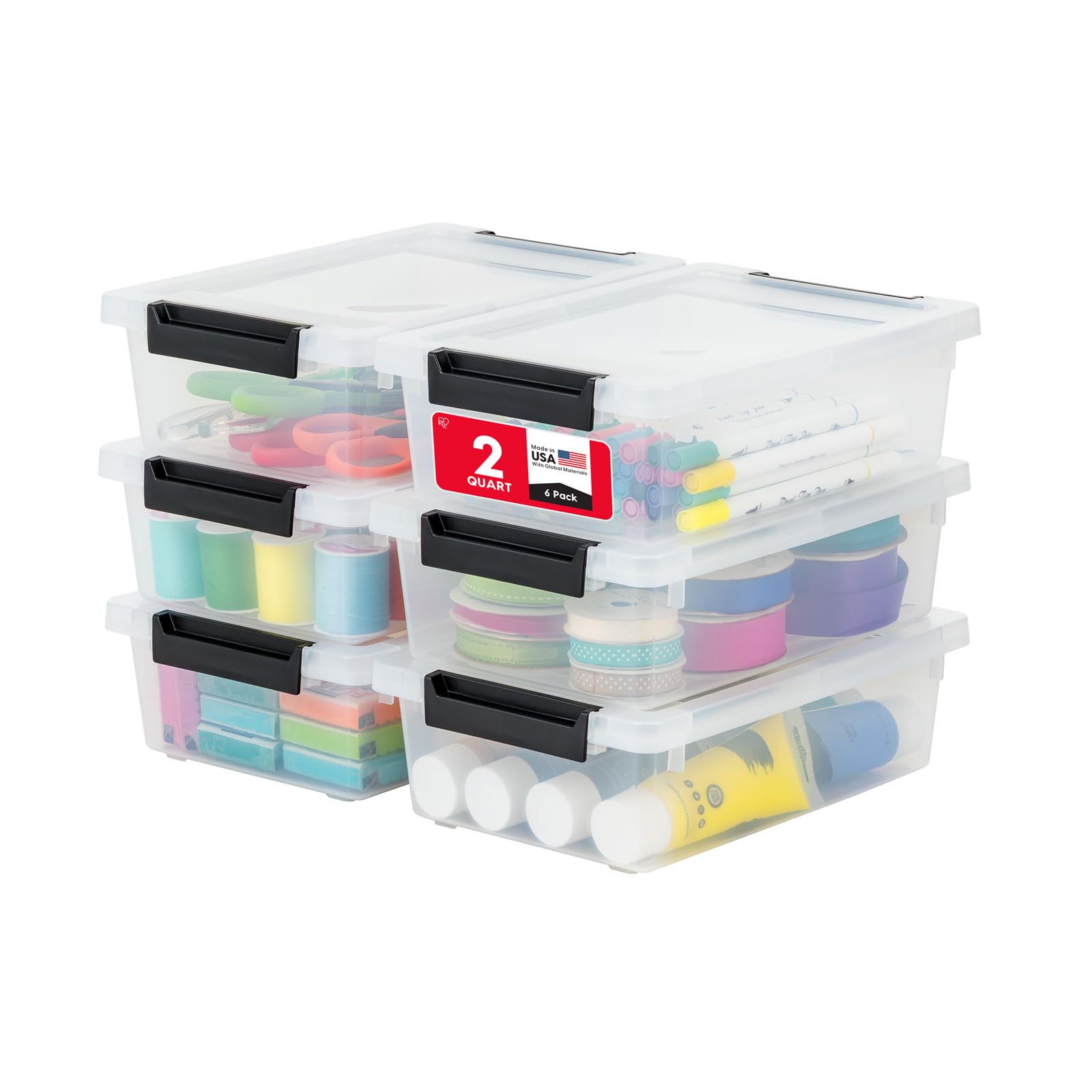 IRIS USA Storage Bins with Lids |Made in USA| 2 Qt - (6-Pack) - Clear/Black