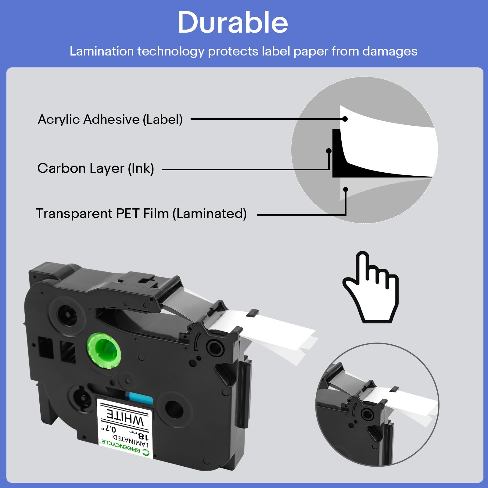GREENCYCLE 18mm Label Maker Tape Compatible for Brother P-Touch TZe-241 18mm 0.7'' Laminated White