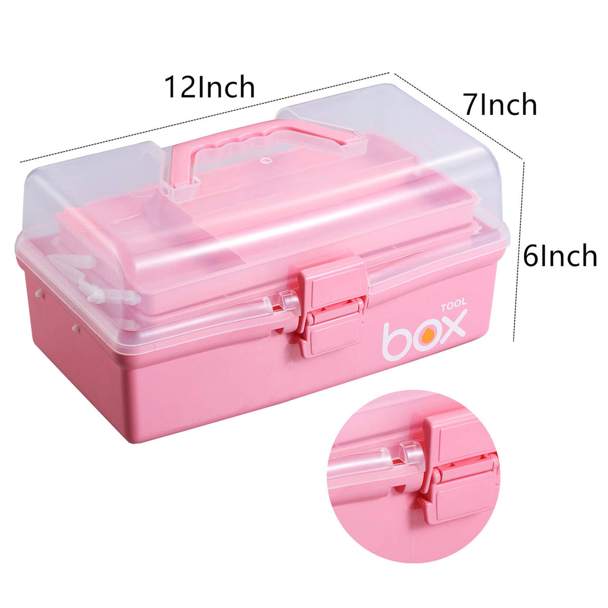 Kinsorcai 12'' Three-Layer Clear Plastic Storage Box with Handle, Craft Tool Box, 3 Layer Pink
