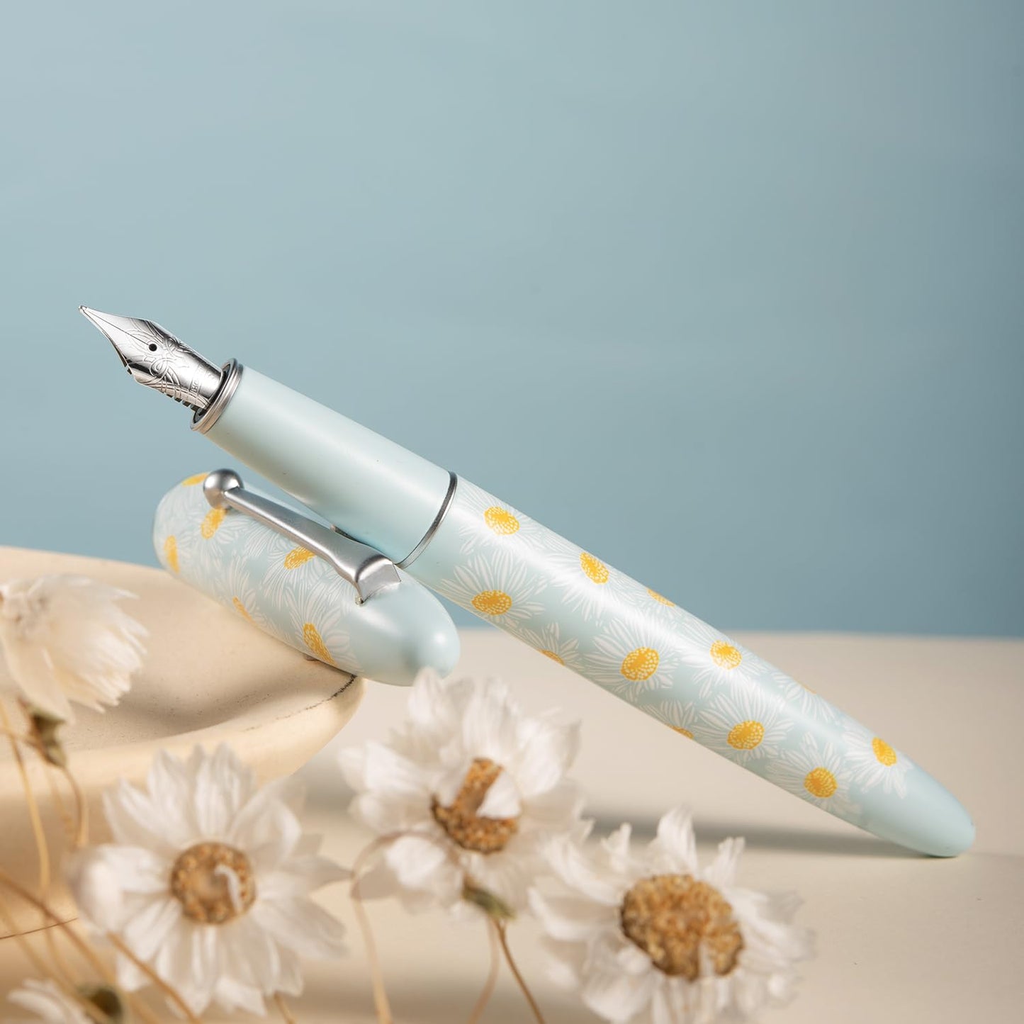 HONG DIAN C3 Fountain Pen, Iridium Fine Soft Nib Chinese Knot Carving, Light Blue & Little Daisy