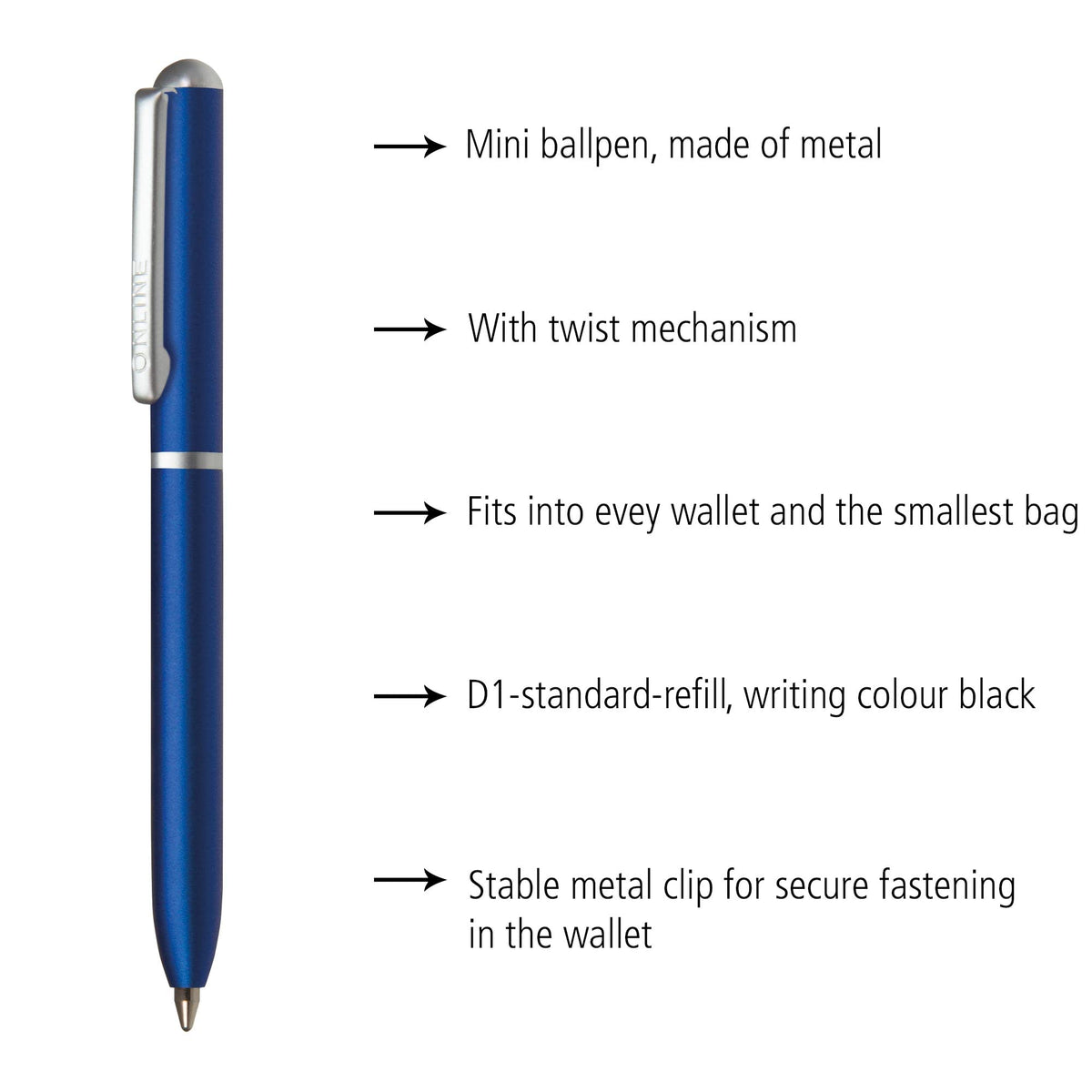 ONLINE Mini Twist Ballpoint Pen Blue with Metal Clip │ Standard Pen Refill │ Small pens for The