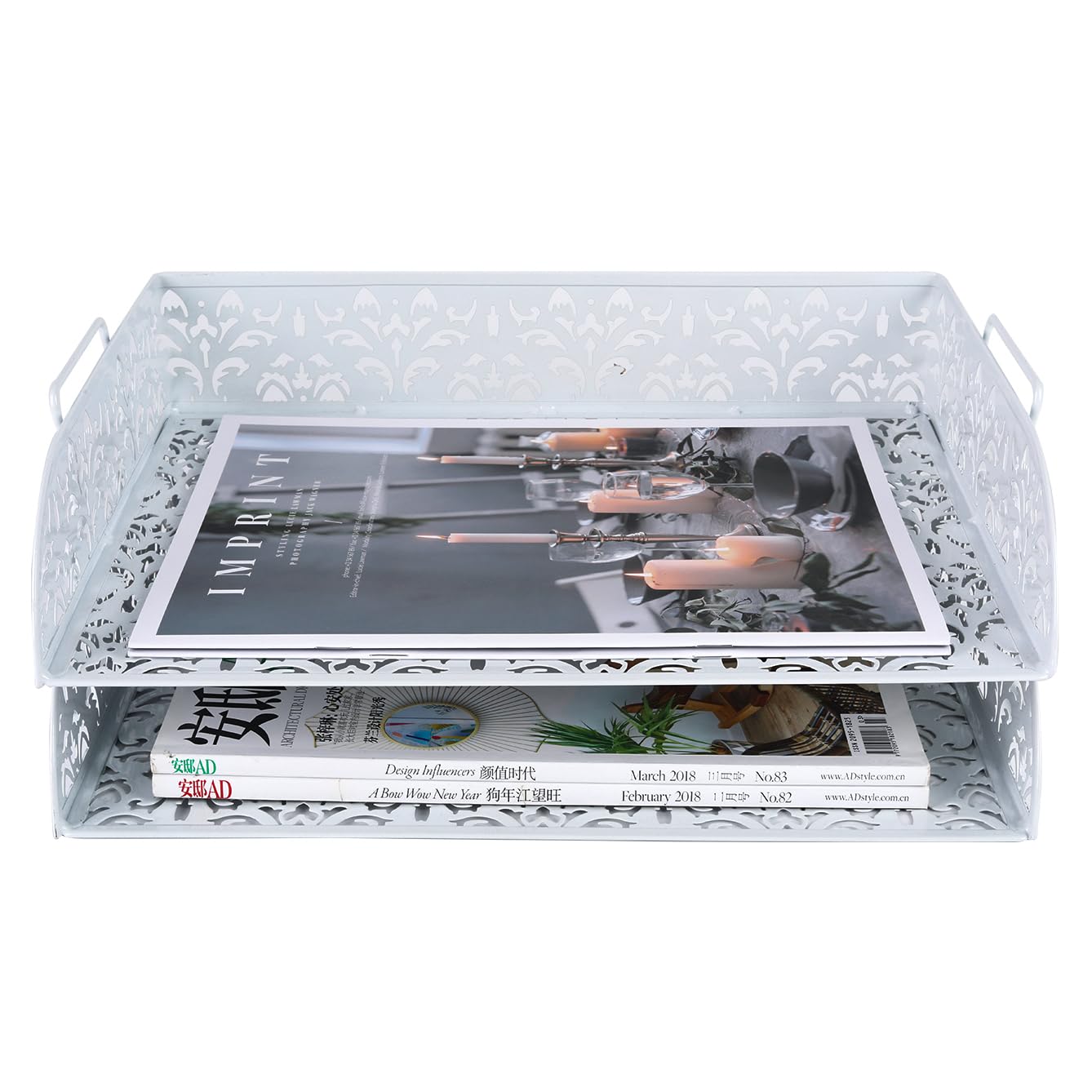 PAG-Mass 2 Tier Desktop File Organizer Metal Stackable Letter Tray Paper Holder Rack for Desk, White