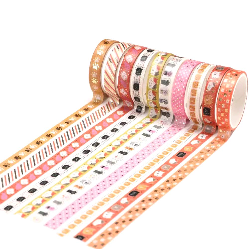 YUBBAEX 10 Rolls Sparkling Washi Tape Set 8mm Skinny Gold Foil Decorative Masking Washi Tapes for