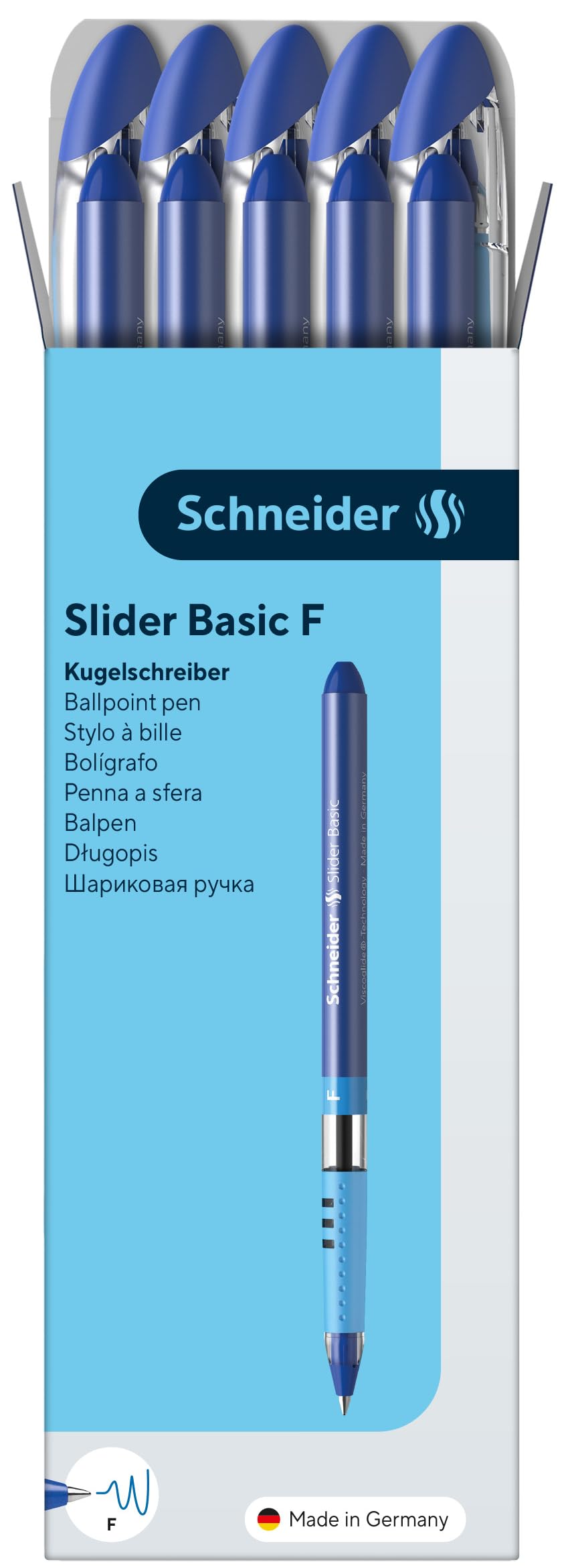 Schneider Slider Basic F (Fine) Ballpoint Pen, 0.7 mm, Transparent Barrel, Blue Ink, Box of 10 Pens