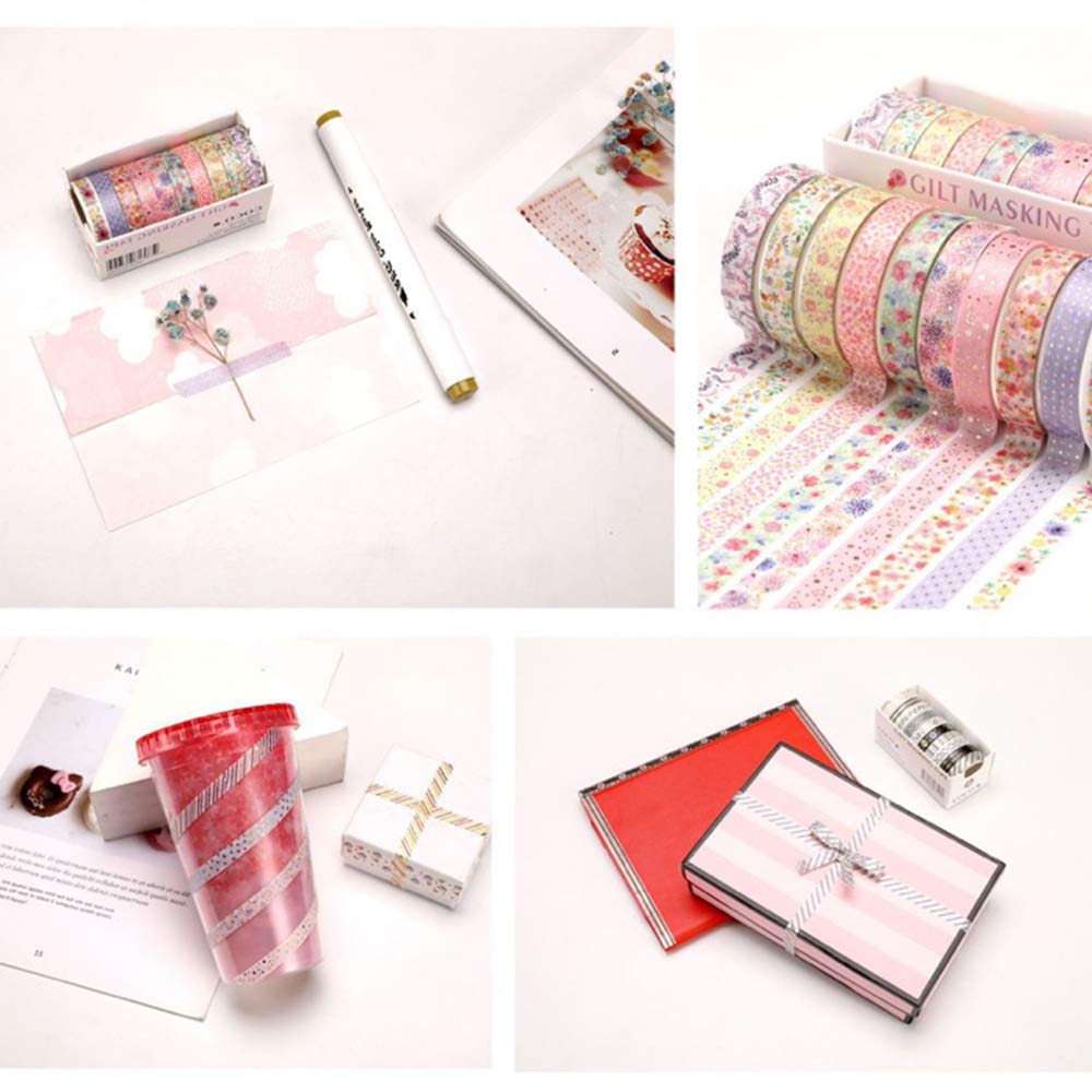 YUBBAEX 10 Rolls Sparkling Washi Tape Set 8mm Skinny Gold Foil Decorative Masking Washi Tapes for