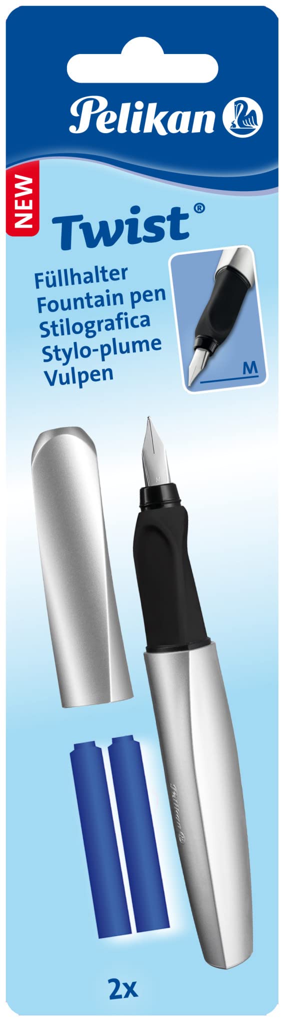 Pelikan 947366 Fountain Pen Twist, Universal for Right and Left Handers, Feathers Medium, Silver