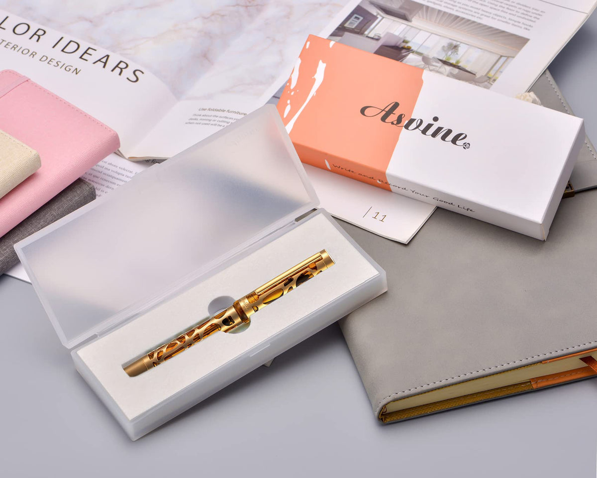 Asvine V169 Vacuum Filling Fountain Pen Iridium Fine Nib, Water Drop Skeleton Gold Trim Transparent