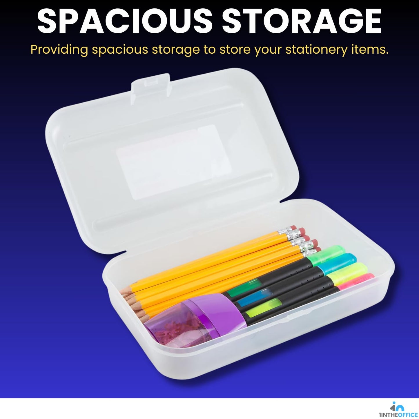 1InTheOffice Clear Pencil Box, Pencil Case Plastic Box, Translucent, Large Capacity, Snap-Tight