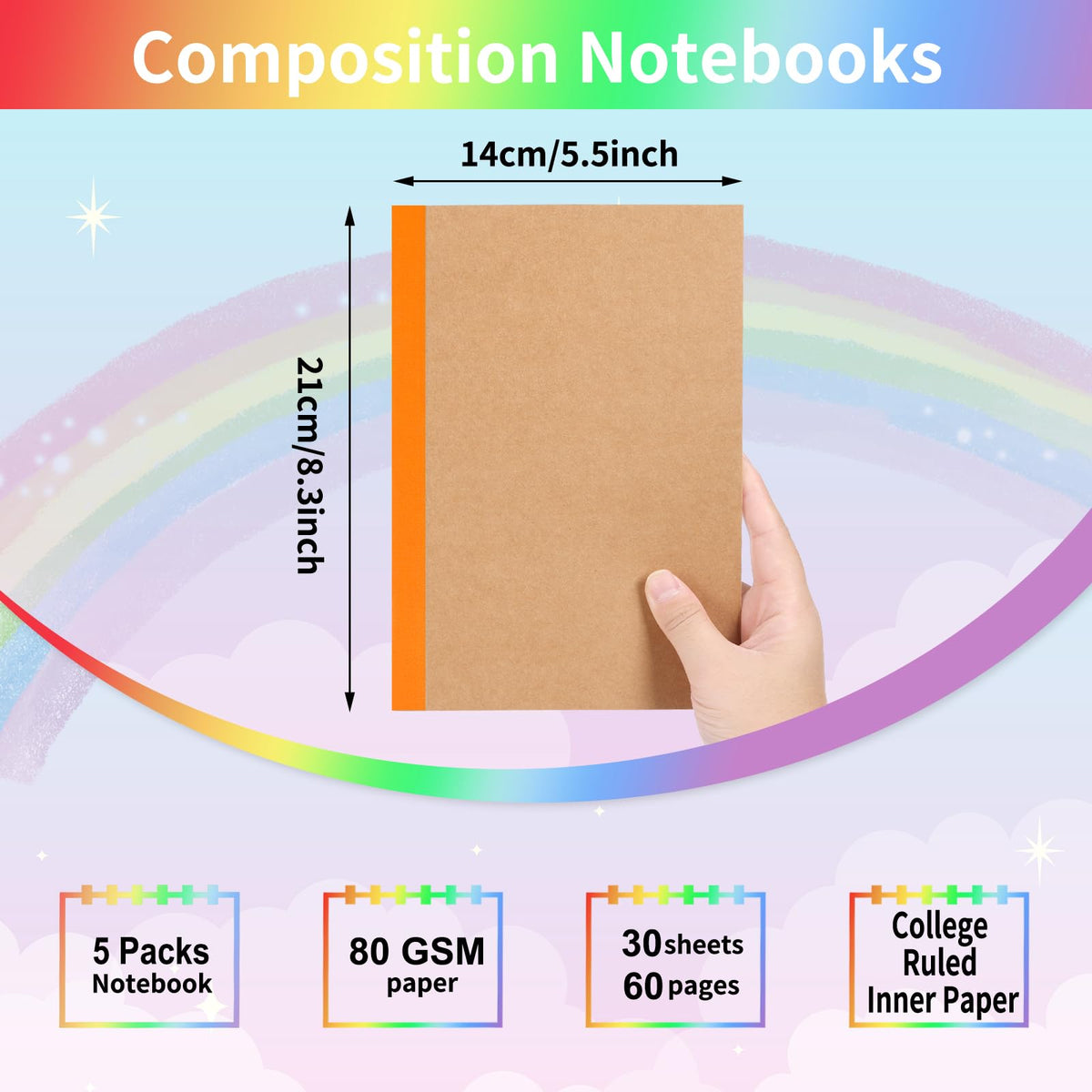 EOOUT 5 Pack A5 Composition Notebook, Kraft Lined Journal Bulk with Rainbow Spine, 5 Colors, 60
