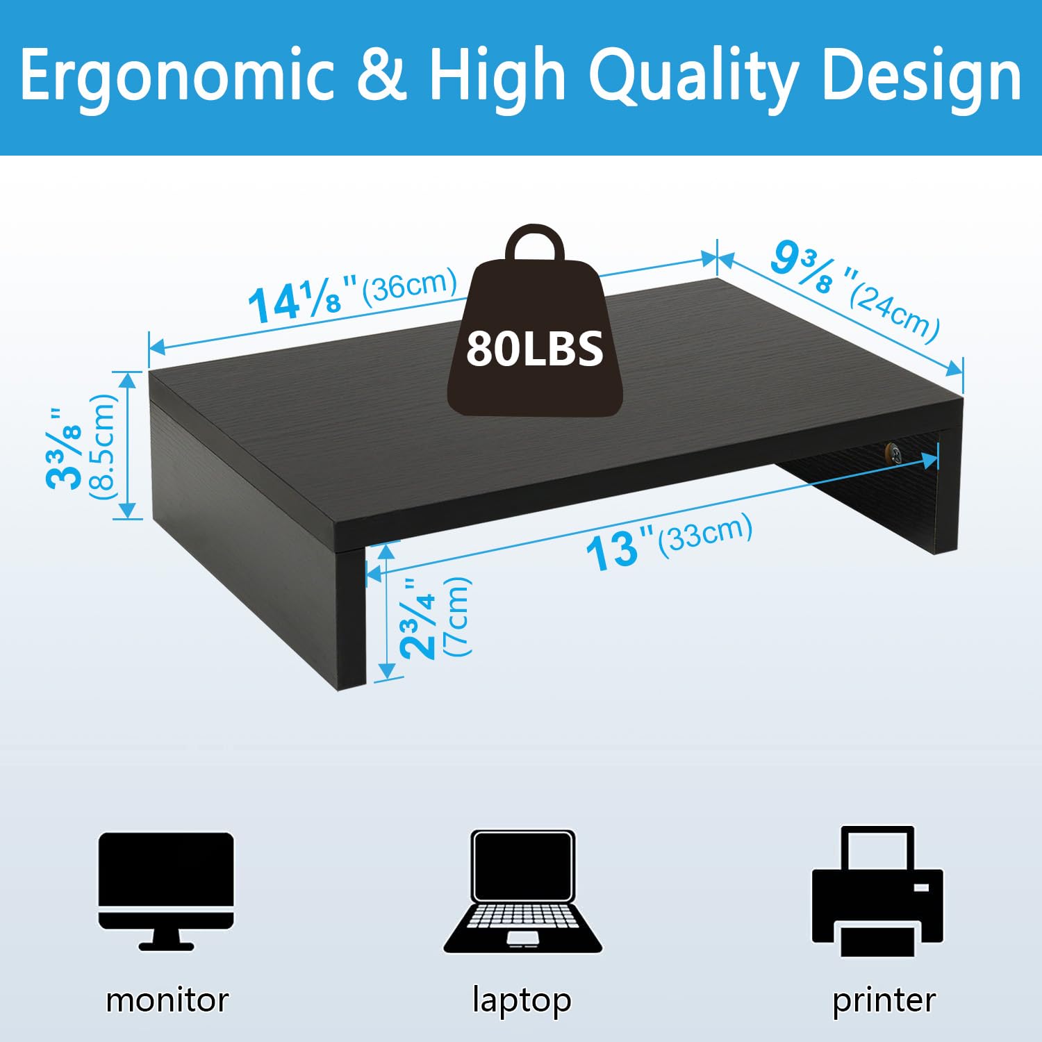 TEAMIX Black Monitor Stand Riser, Wood Desk Organizer for Laptop & Computer
