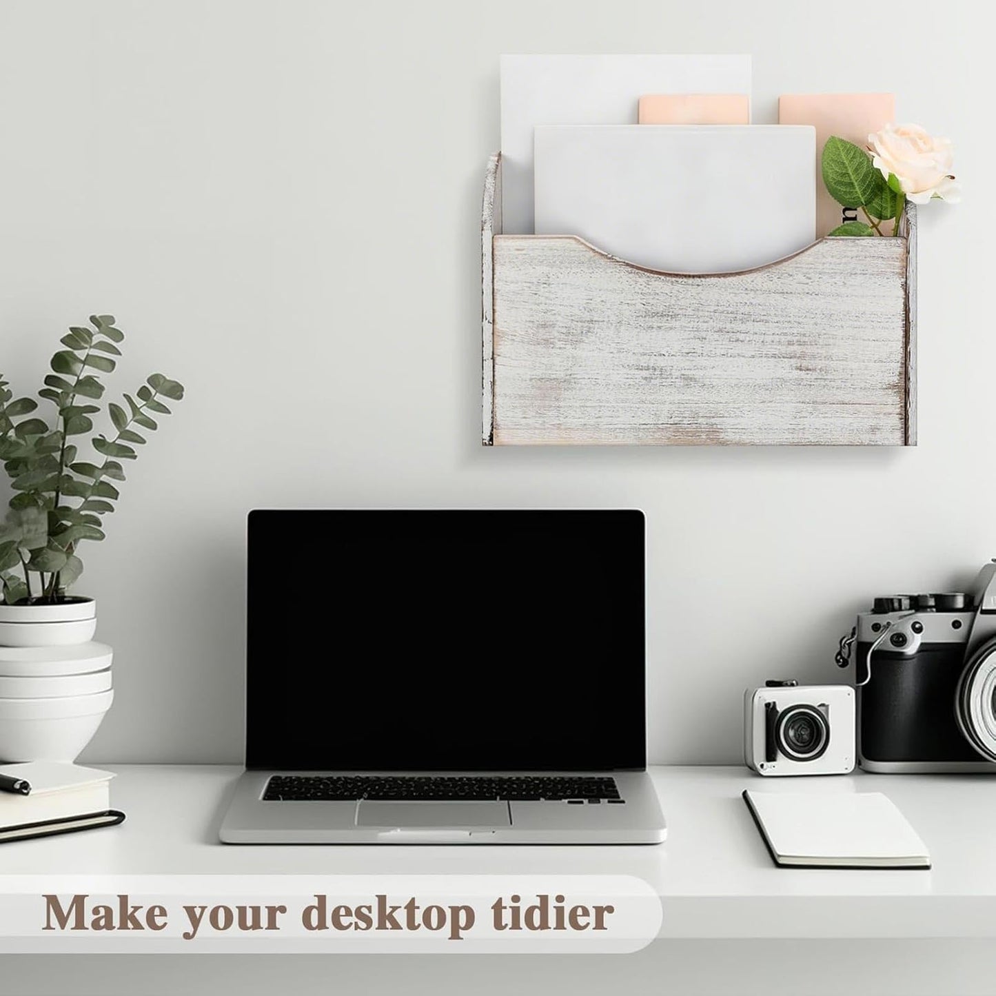 Suzile Wood Wall Mounted File Holder Magazine Rack for Office Mail, White