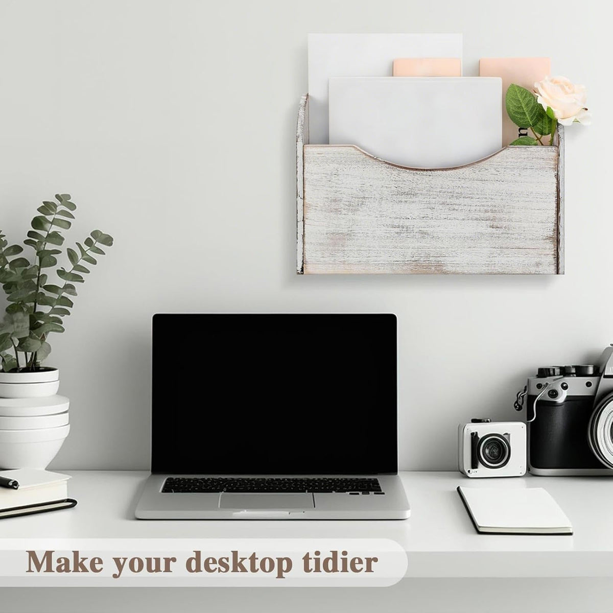 Suzile Wood Wall Mounted File Holder Magazine Rack for Office Mail, White