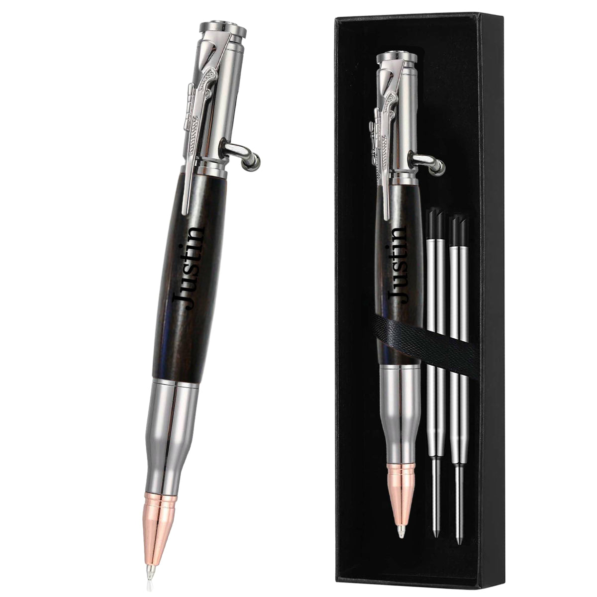 Personalized Bolt Action Pen, Free Engraved Wood Metal Ballpoint Pen with 2 Refills, Customized Pen