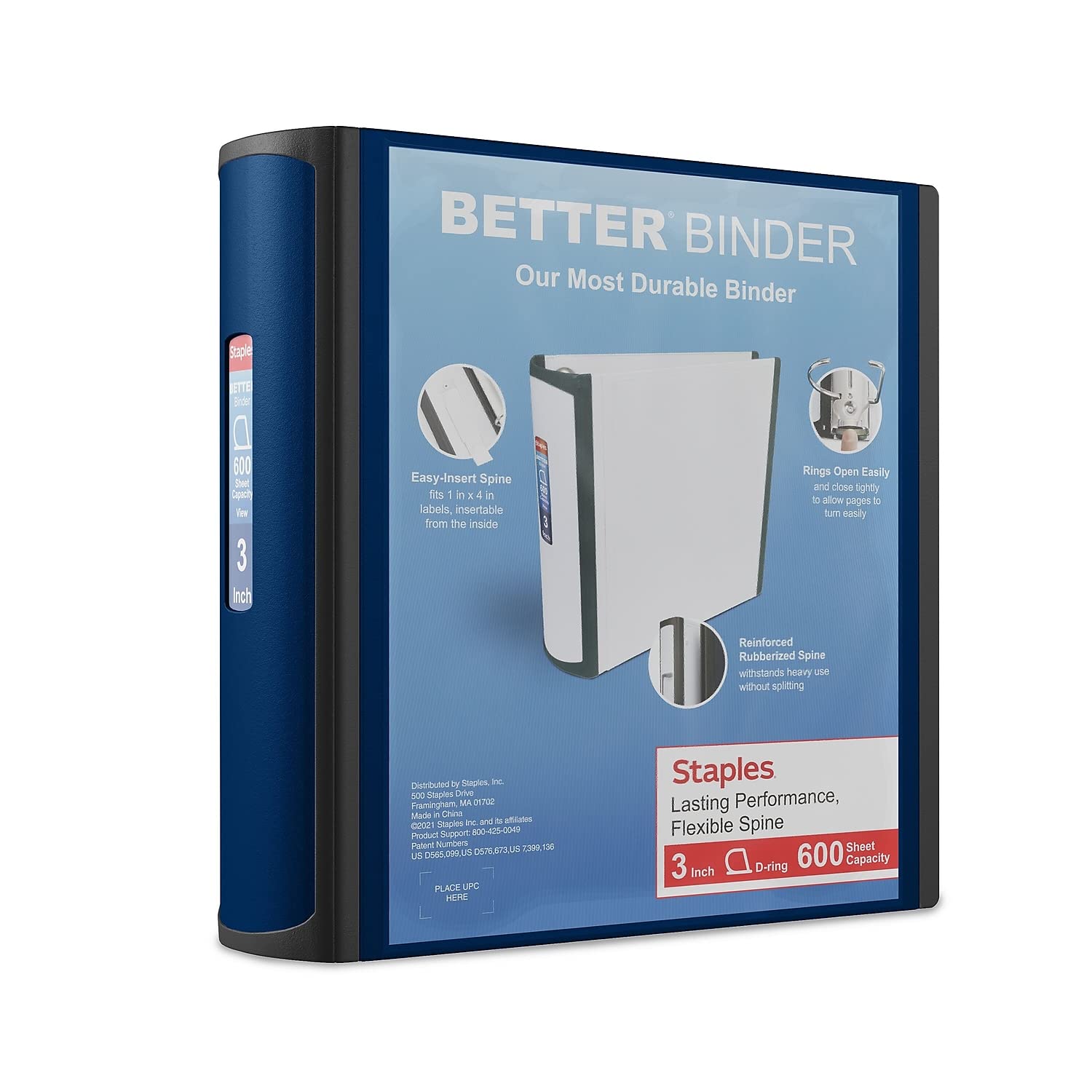 Staples Better Binder, 3 Inch D-Ring, Blue, Reinforced Rubber Spine