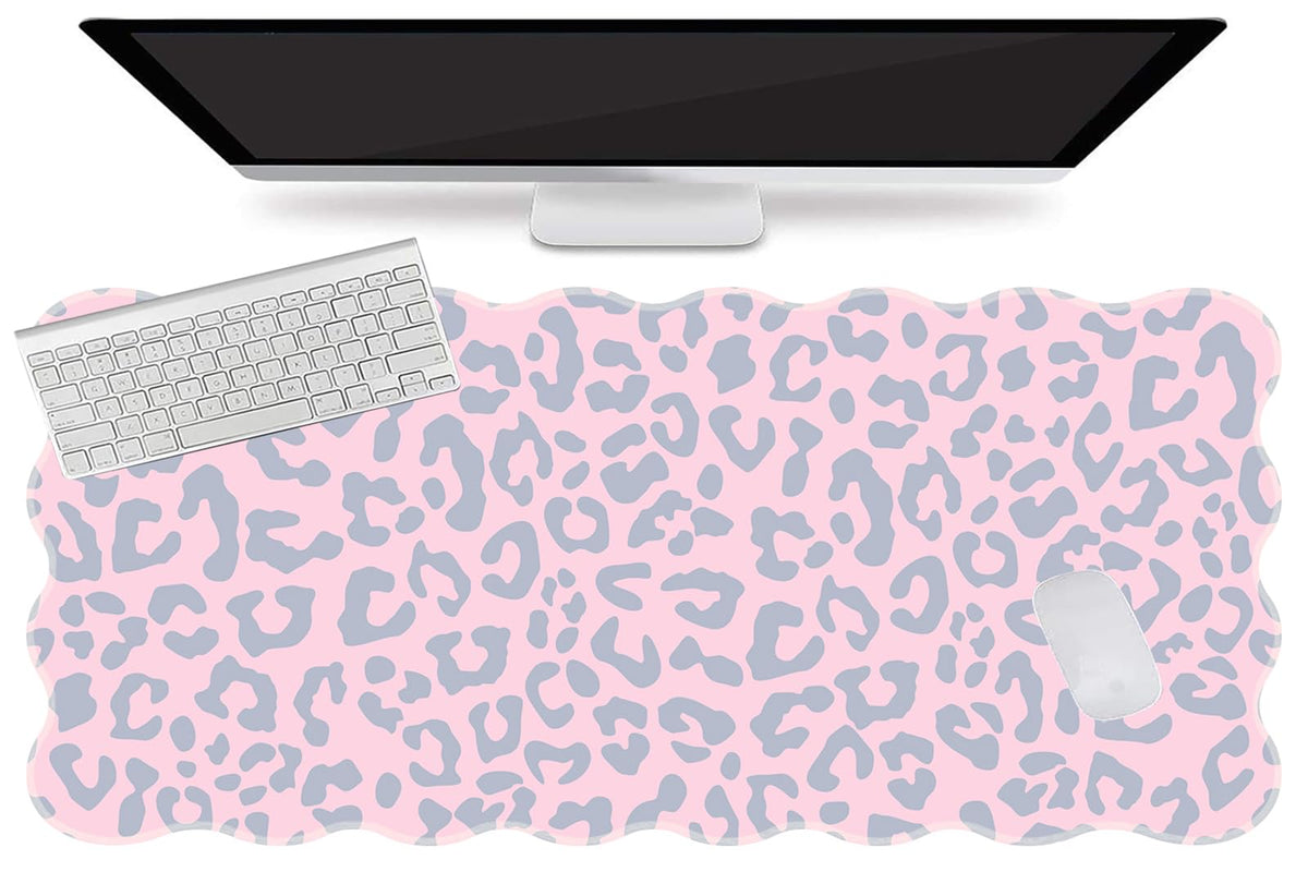 L-SPOUTTO Pink Leopard Mouse Pad,Scalloped Desk Mat XXL Large Cheetah Gaming Mousepad,35.4x15.7in