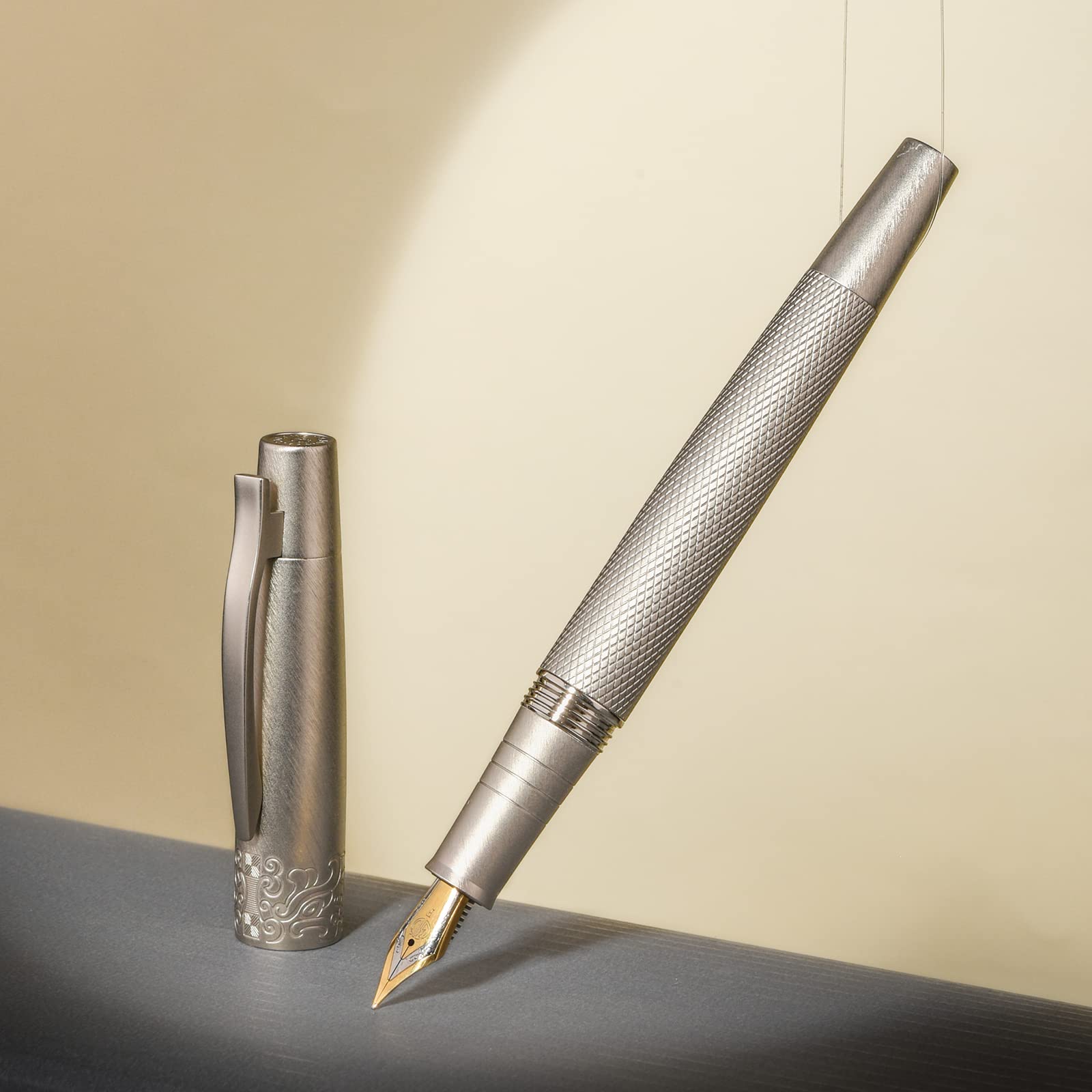 Hongdian 6013 Silver General Fountain Pen, Iridium Gold-silver Fude Nib Solid Metal Writing Pen