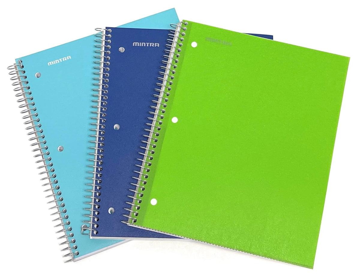 Mintra Office Durable Spiral Notebooks, 3 Subject (Teal, Blue, Green, College Ruled 3pk)