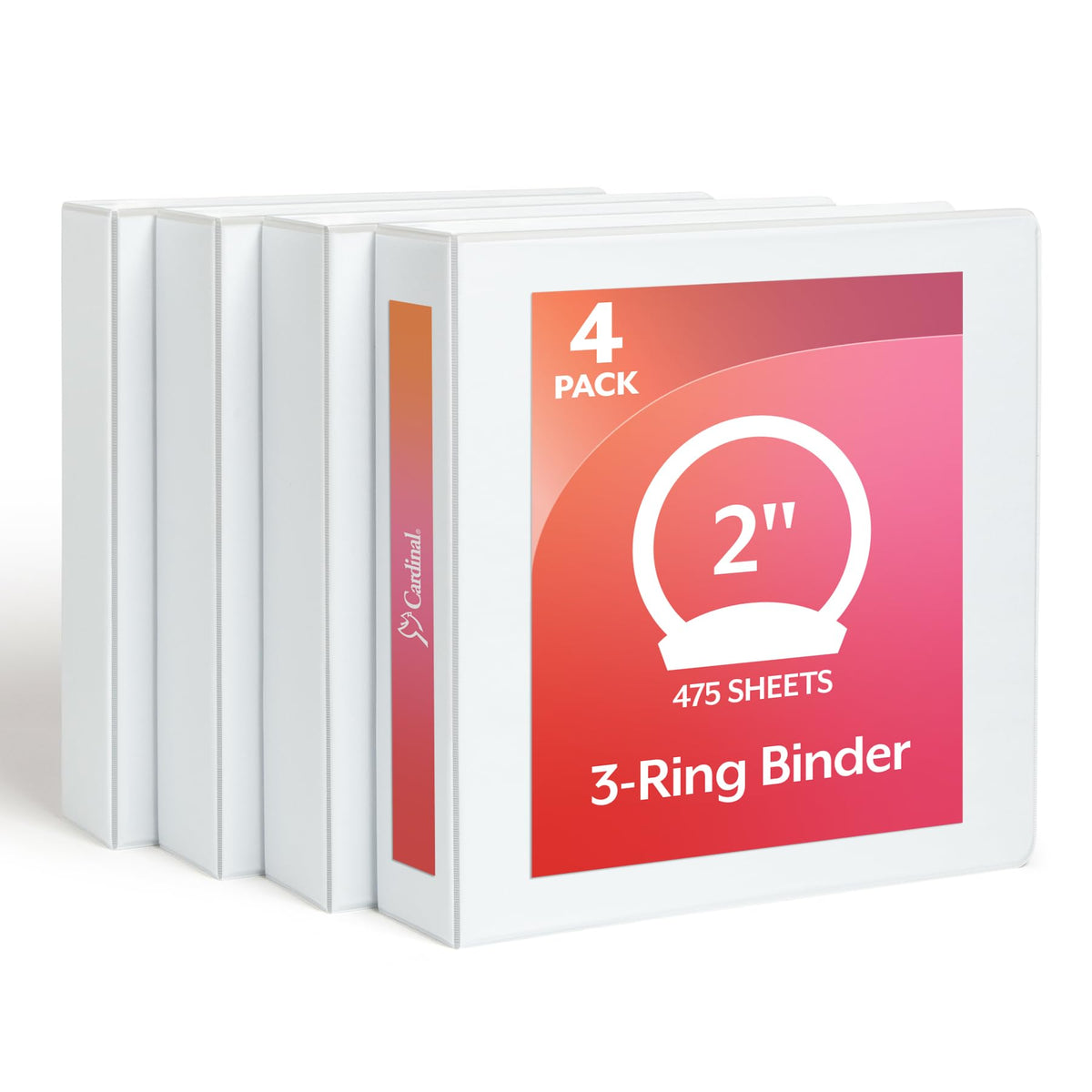 Cardinal 2 Inch 3 Ring Binders, White, 4 Pack, Round Ring Binder, Holds 475 Sheets, PVC Free