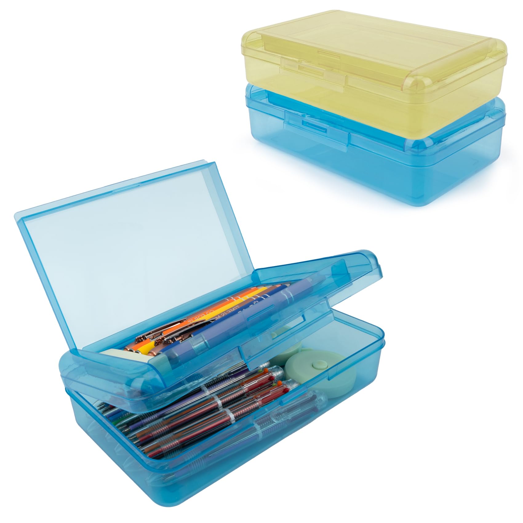 Pencil Case Box, 2 PCS Navy Blue Yellow Double Layer Large Capacity Plastic Pencil Boxs, Clear Hard