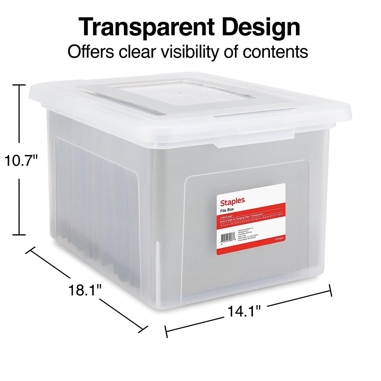 Staples Hanging File Folder Box, Storage Bin Organizer, Snap Lid, Clear