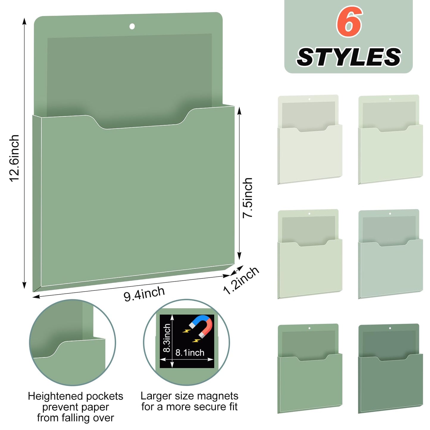 Fuutreo Magnetic Wall File Holder,6pcs,Sage Green,Vertical-large