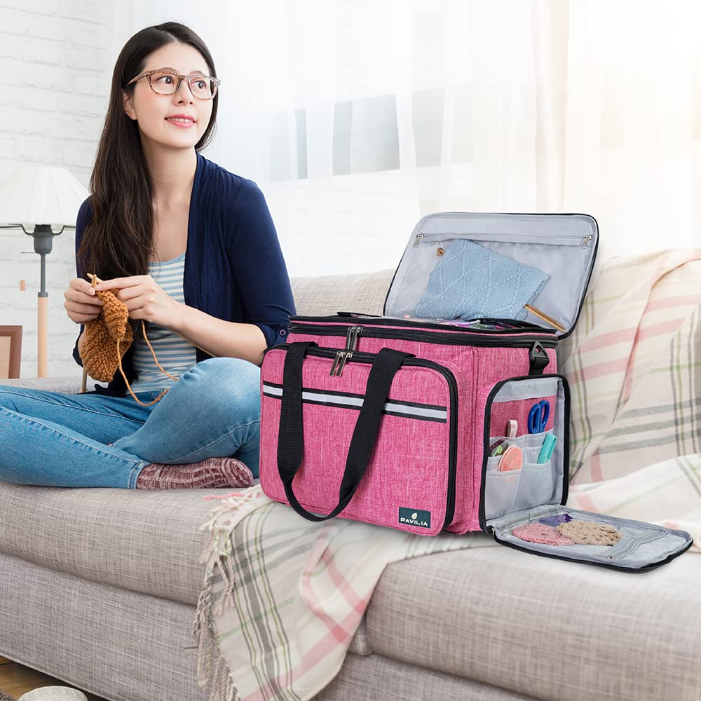 PAVILIA Large Knitting Yarn Storage Bag Crochet Organizer for Knitter, Pink