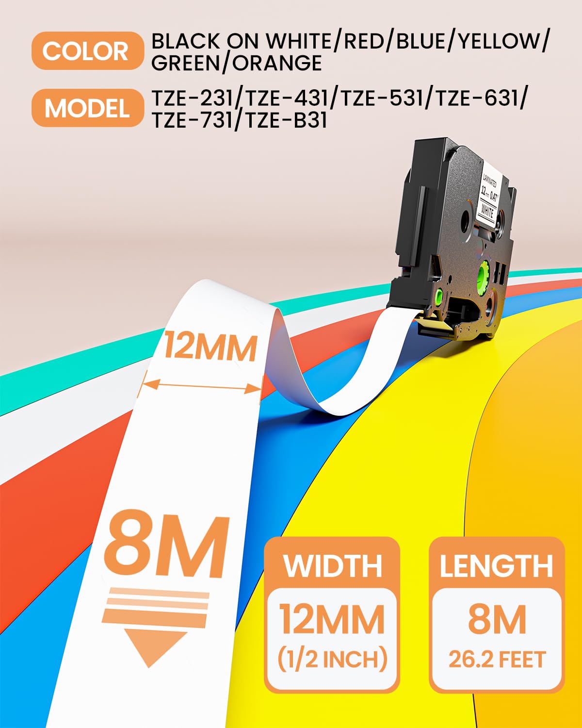 Replacement for Brother P Touch Label Tape 12mm 0.47'' Laminated Colored