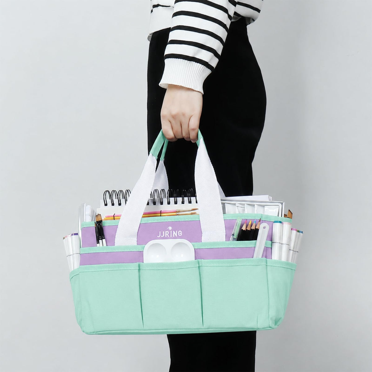 JJRING Craft Organizer Tote Bag Art Storage Caddy Green and Purple