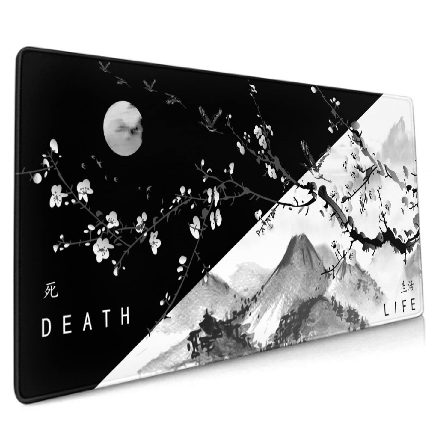 Sakura Death Life Black and White Cherry Blossom Pattern Extended Large Mouse Pad Non-Slip Rubber